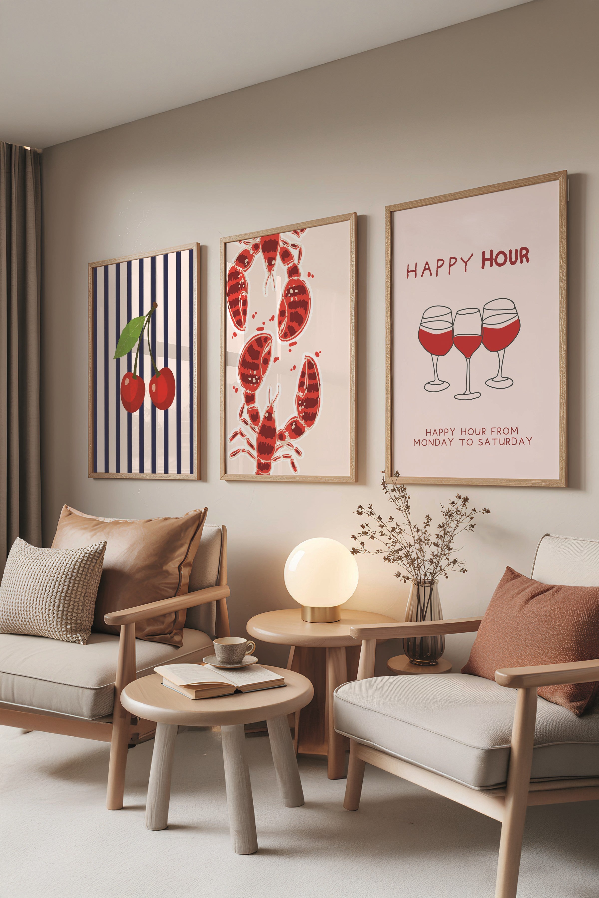 Ahşap Tablo Seti, 3 Adet Ahşap Çerçeveli Poster Happy Hour Model No:300841, Kırmızı Duvar Dekoru