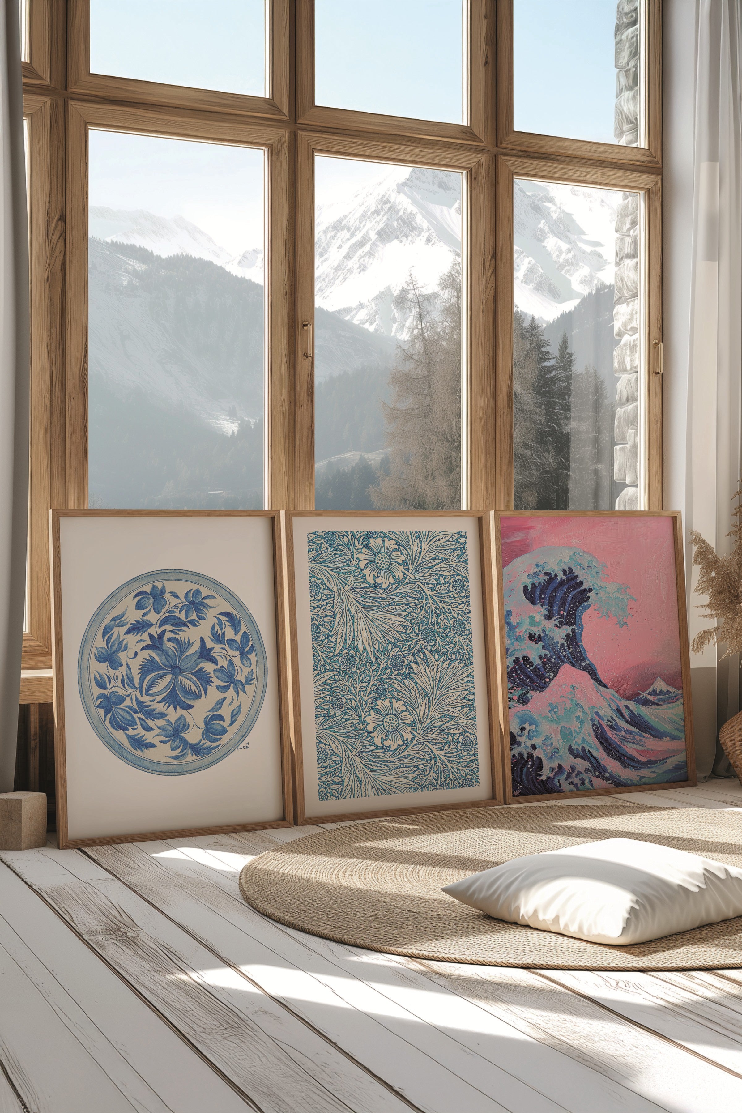 Ahşap Tablo Seti, 3 Adet Ahşap Çerçeveli Poster Hokusai Waves Model No:300866, Pembe Duvar Dekor