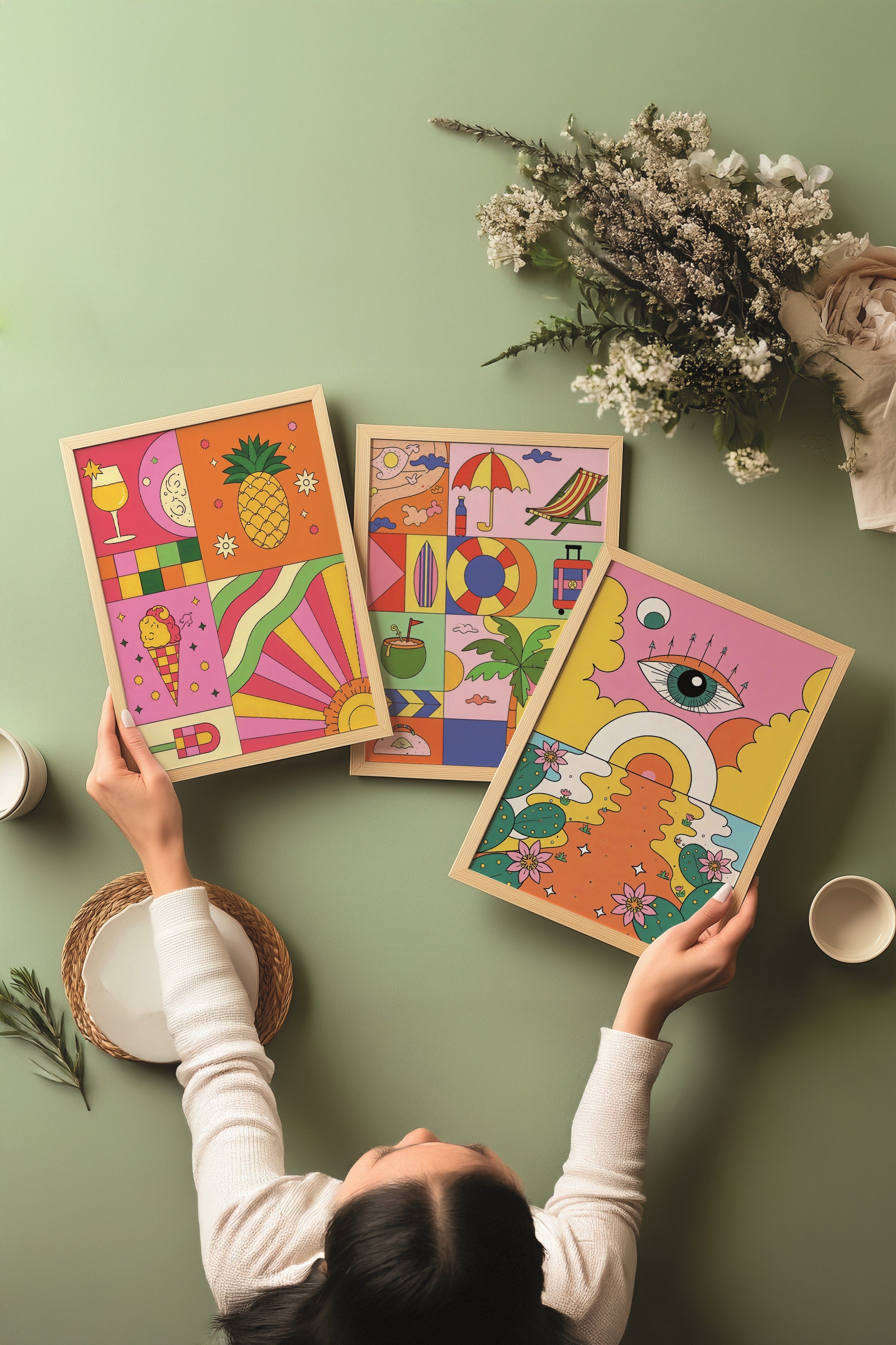 Ahşap Tablo Seti, 3 Adet Ahşap Çerçeveli Poster İndie Summer Model No:300839, Renkli Duvar Dekoru