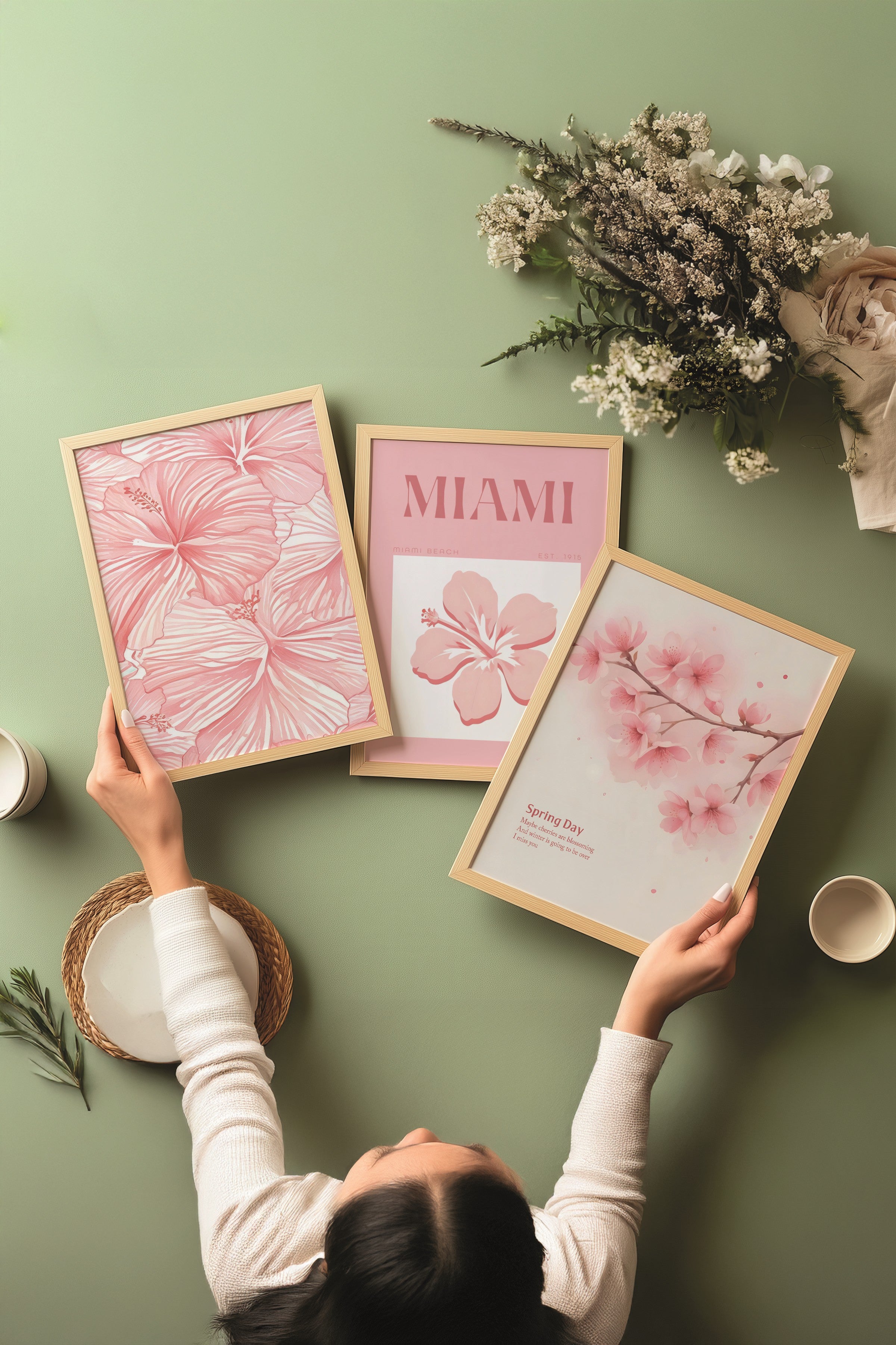 Ahşap Tablo Seti, 3 Adet Ahşap Çerçeveli Poster Miami Model No:300799, Pembe Duvar Dekoru