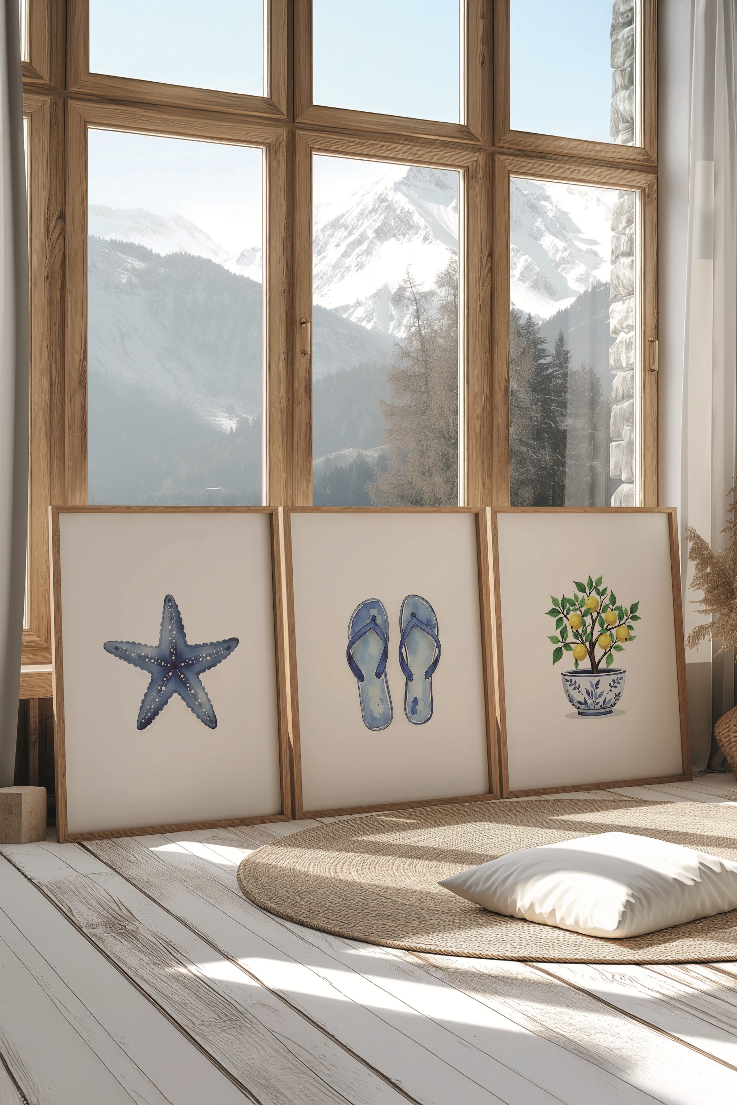 Ahşap Tablo Seti, 3 Adet Ahşap Çerçeveli Poster Mini summer Model No:300857, Mavi Duvar Dekoru