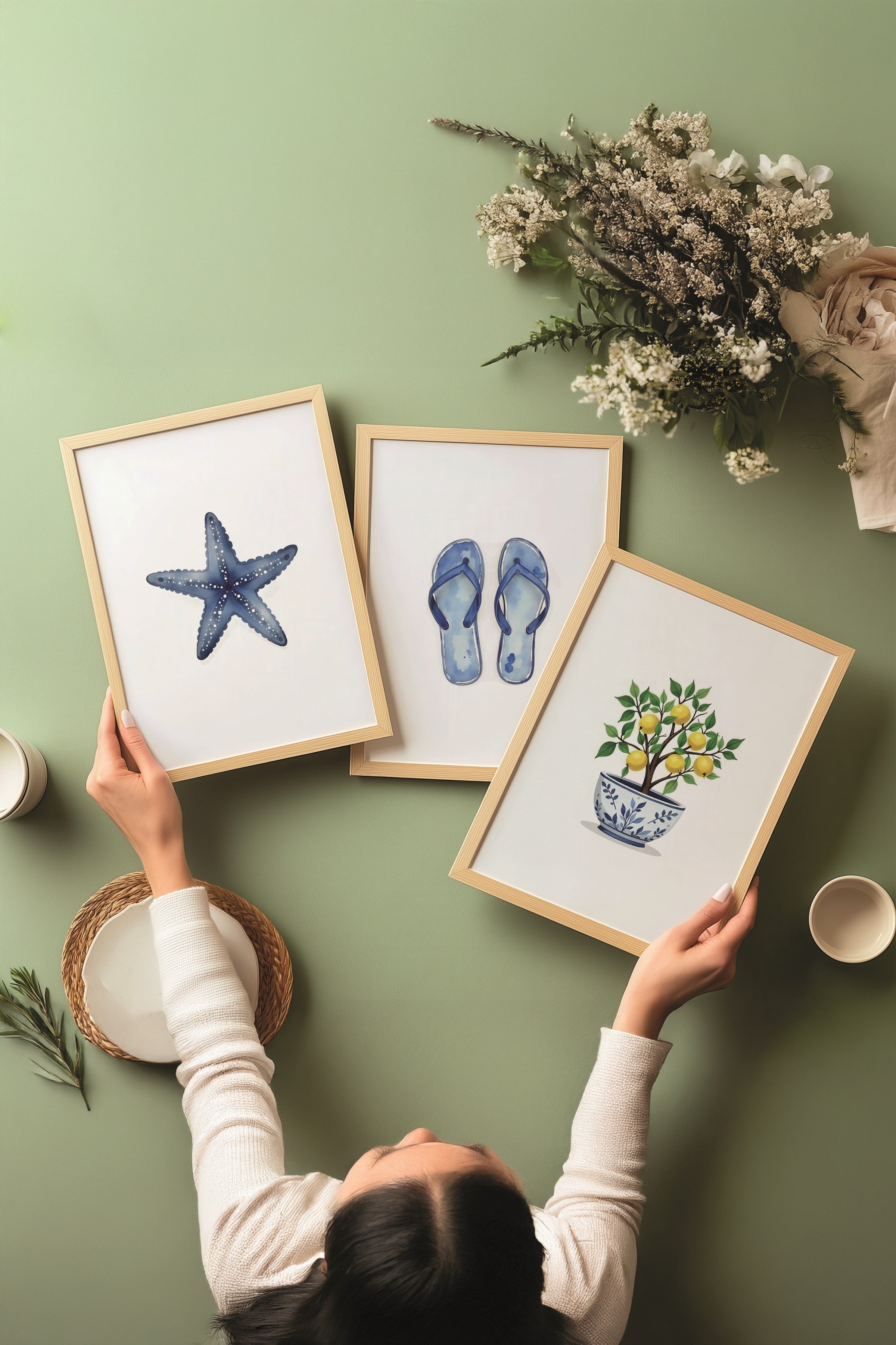 Ahşap Tablo Seti, 3 Adet Ahşap Çerçeveli Poster Mini summer Model No:300857, Mavi Duvar Dekoru