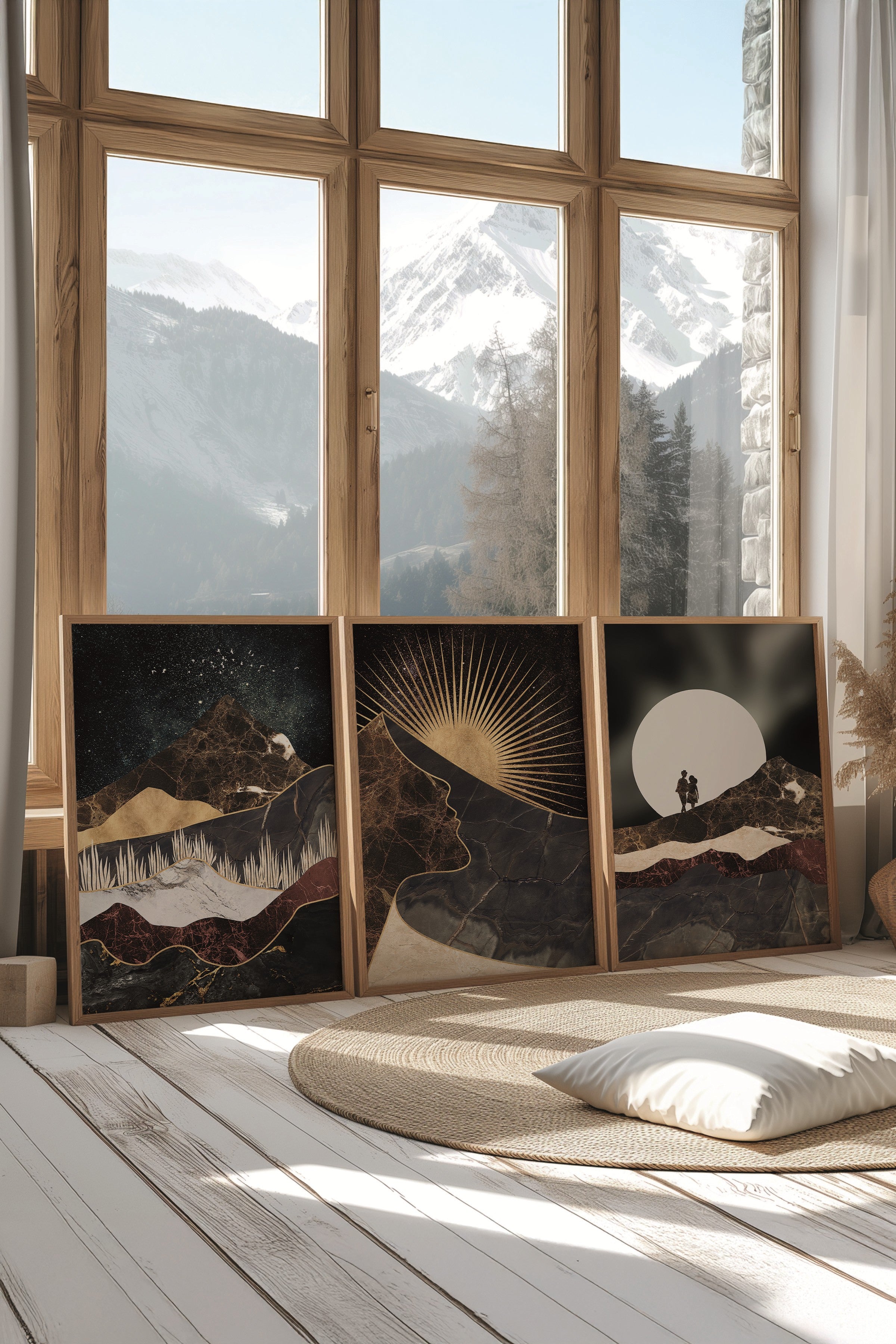 Ahşap Tablo Seti, 3 Adet Ahşap Çerçeveli Poster Moon Love Model No:300885, Kahverengi Duvar Dekoru