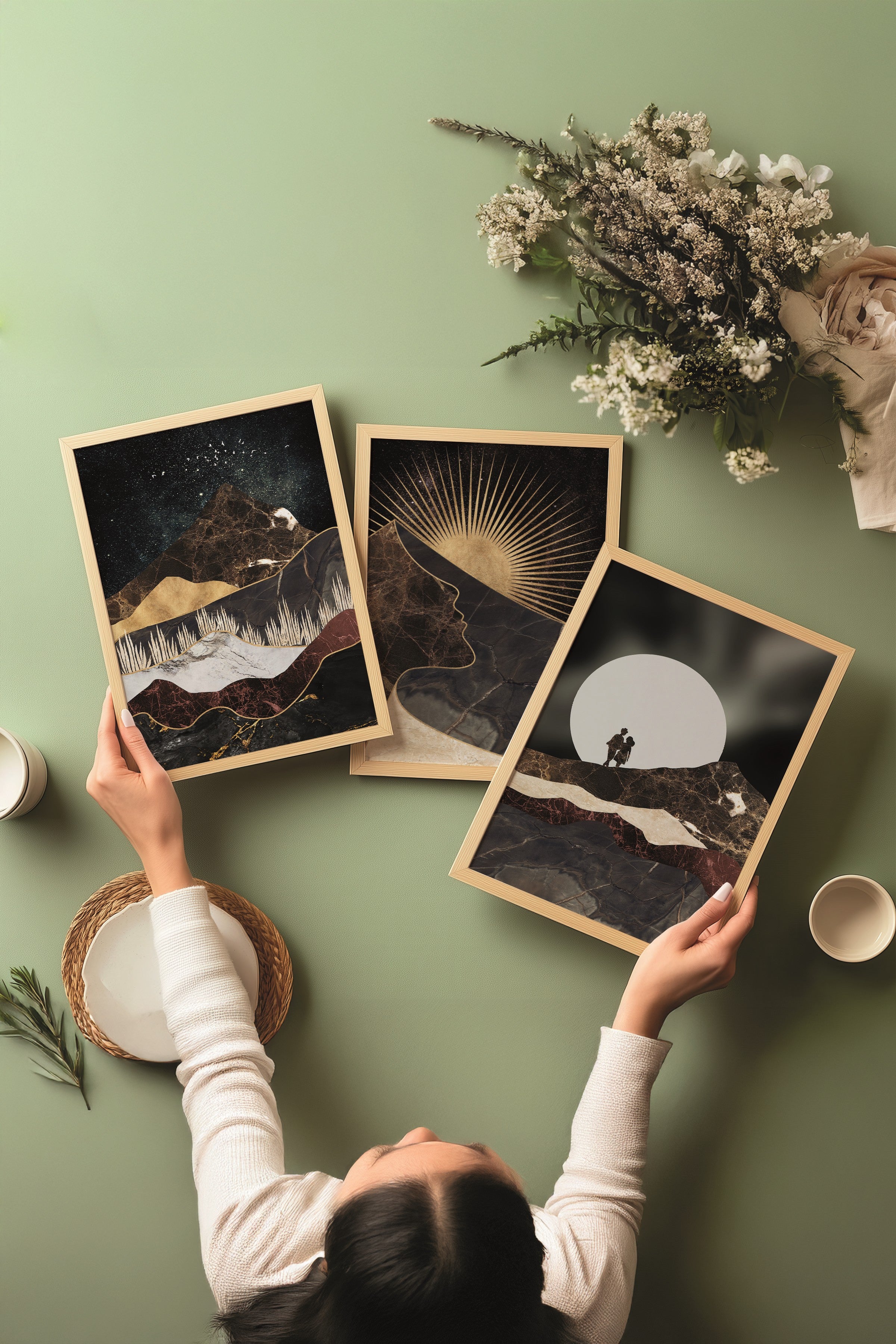 Ahşap Tablo Seti, 3 Adet Ahşap Çerçeveli Poster Moon Love Model No:300885, Kahverengi Duvar Dekoru