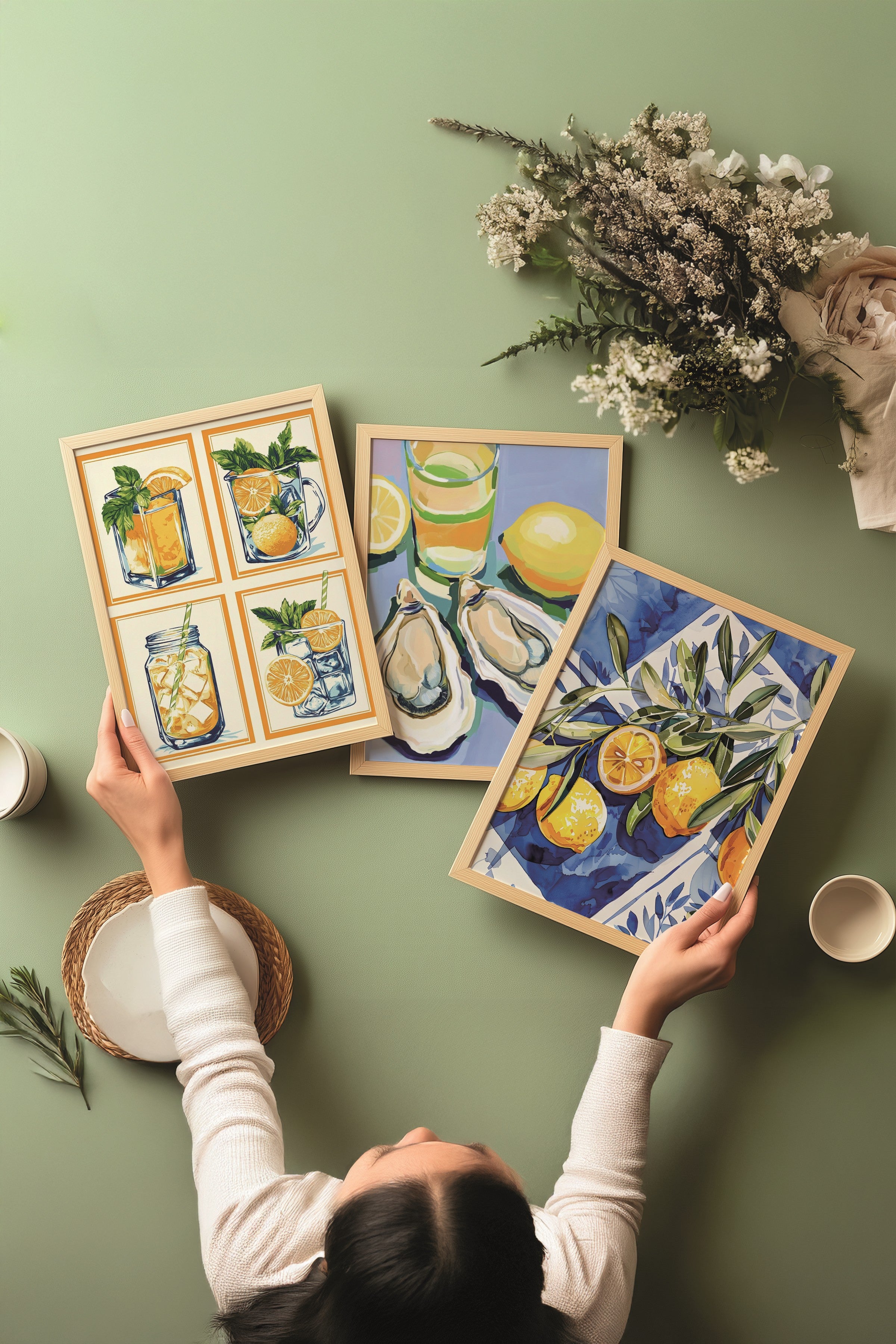 Ahşap Tablo Seti, 3 Adet Ahşap Çerçeveli Poster Mussel & Lemon Model No:300845, Sarı Duvar Dekor