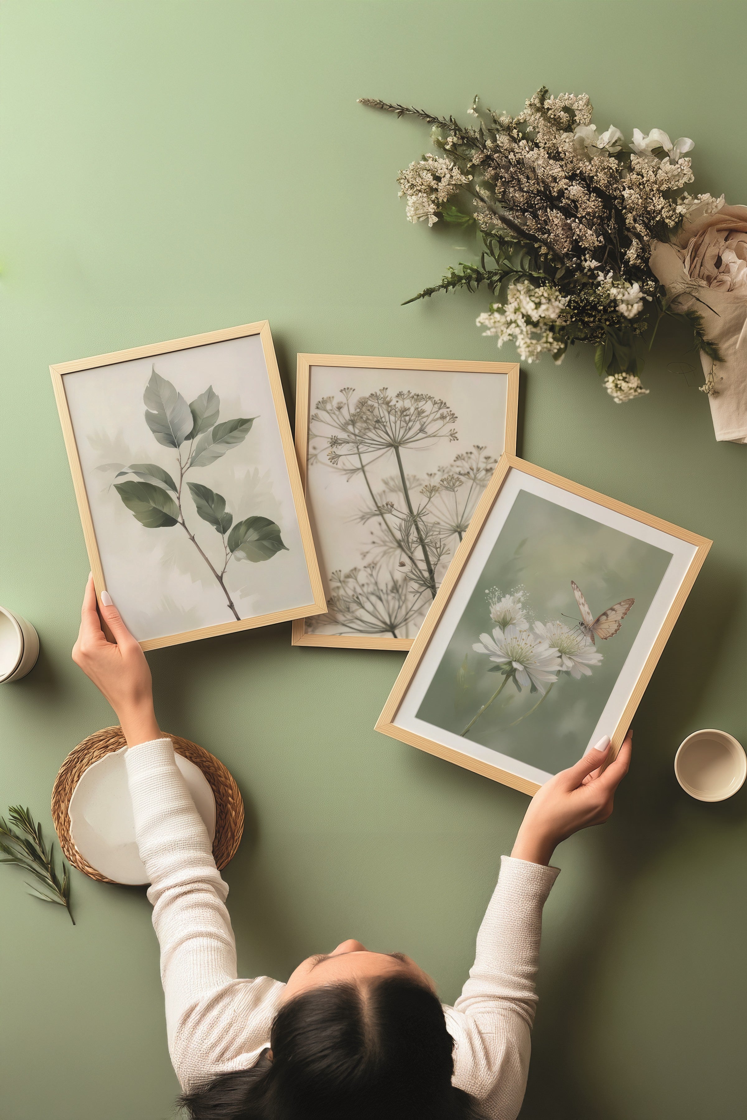 Ahşap Tablo Seti, 3 Adet Ahşap Çerçeveli Poster Nature Model No:300809, Yeşil Duvar Dekoru