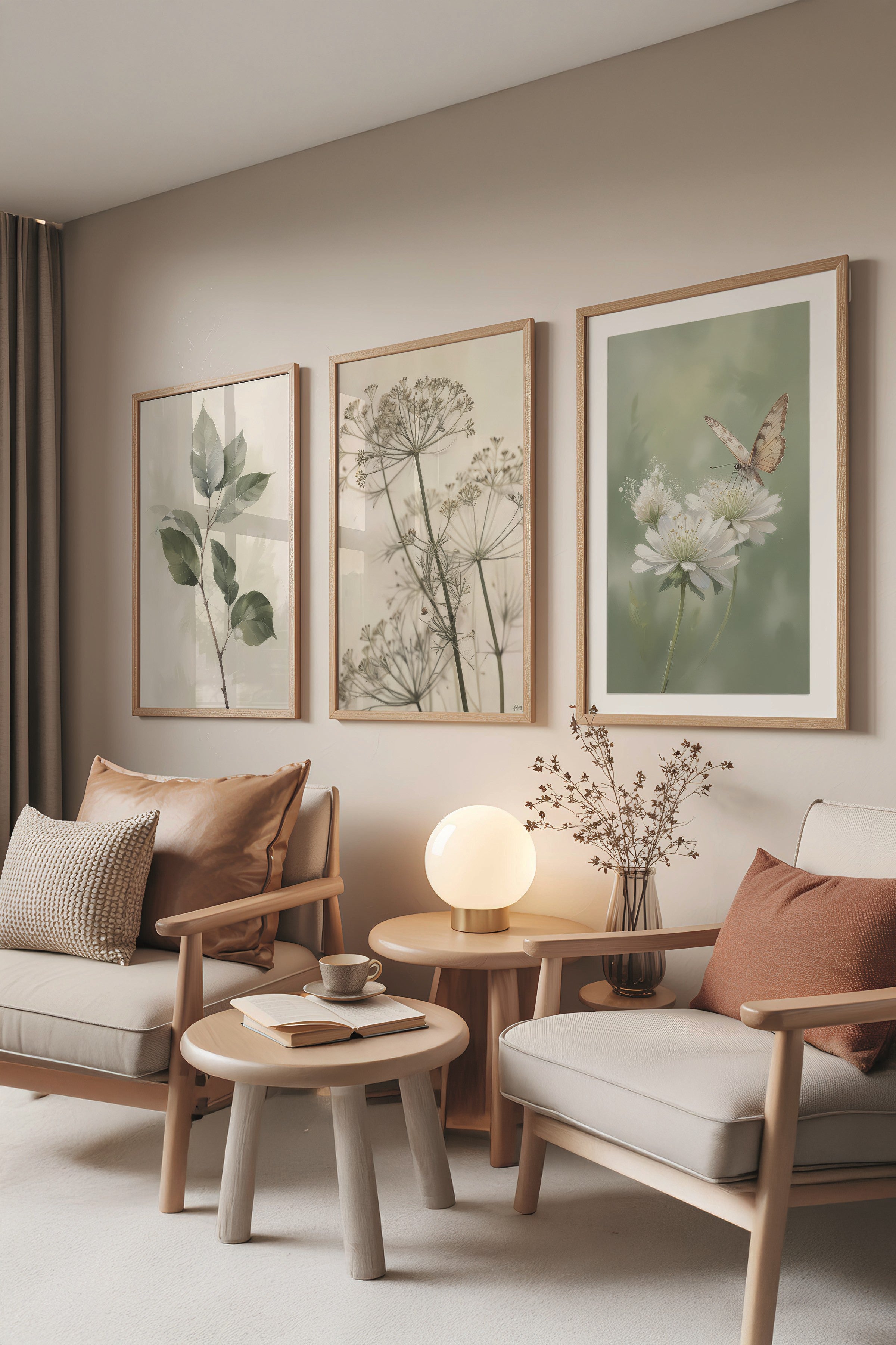 Ahşap Tablo Seti, 3 Adet Ahşap Çerçeveli Poster Nature Model No:300809, Yeşil Duvar Dekoru