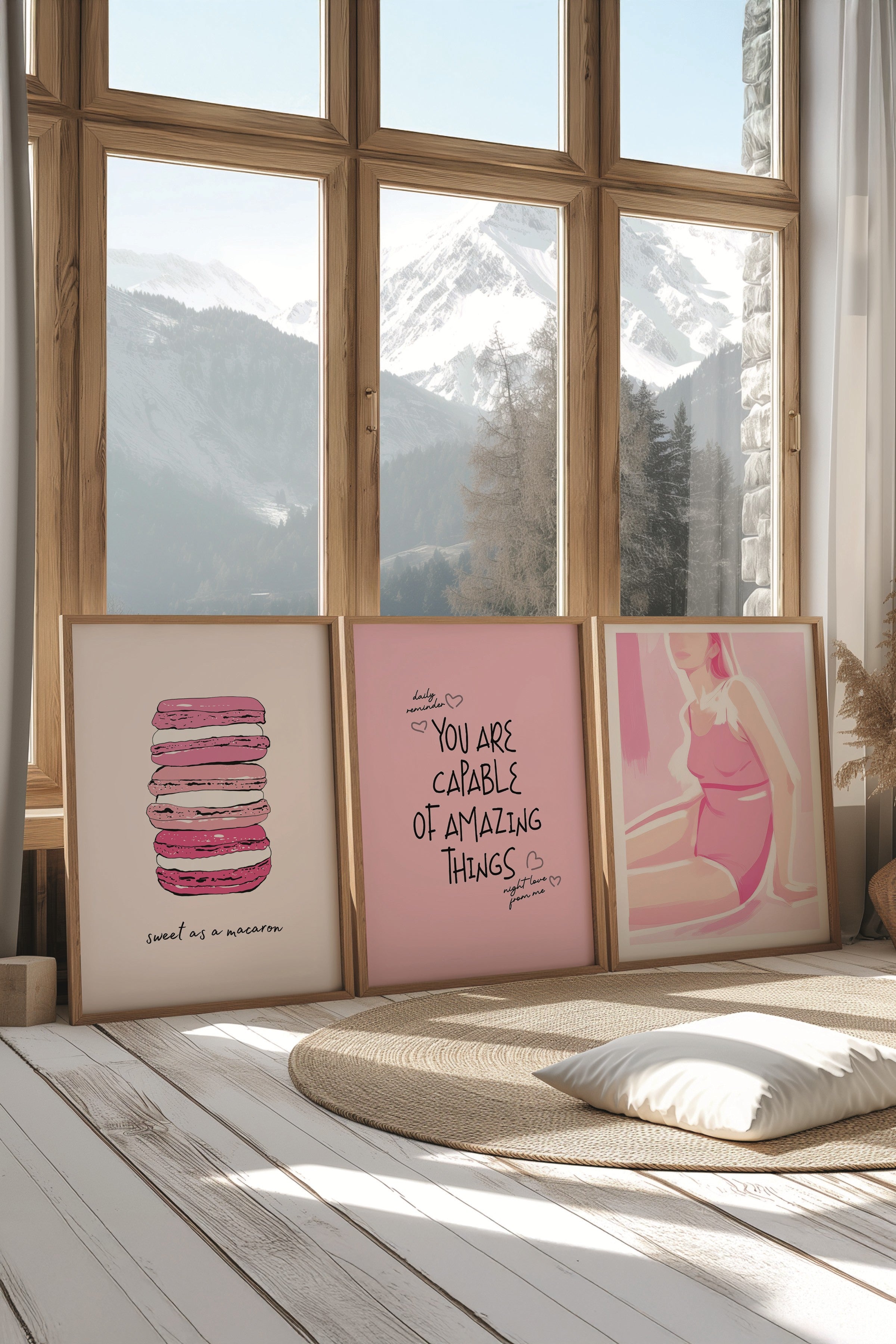 Ahşap Tablo Seti, 3 Adet Ahşap Çerçeveli Poster Pink Motivation Model No:300811, Pembe Duvar Dekoru