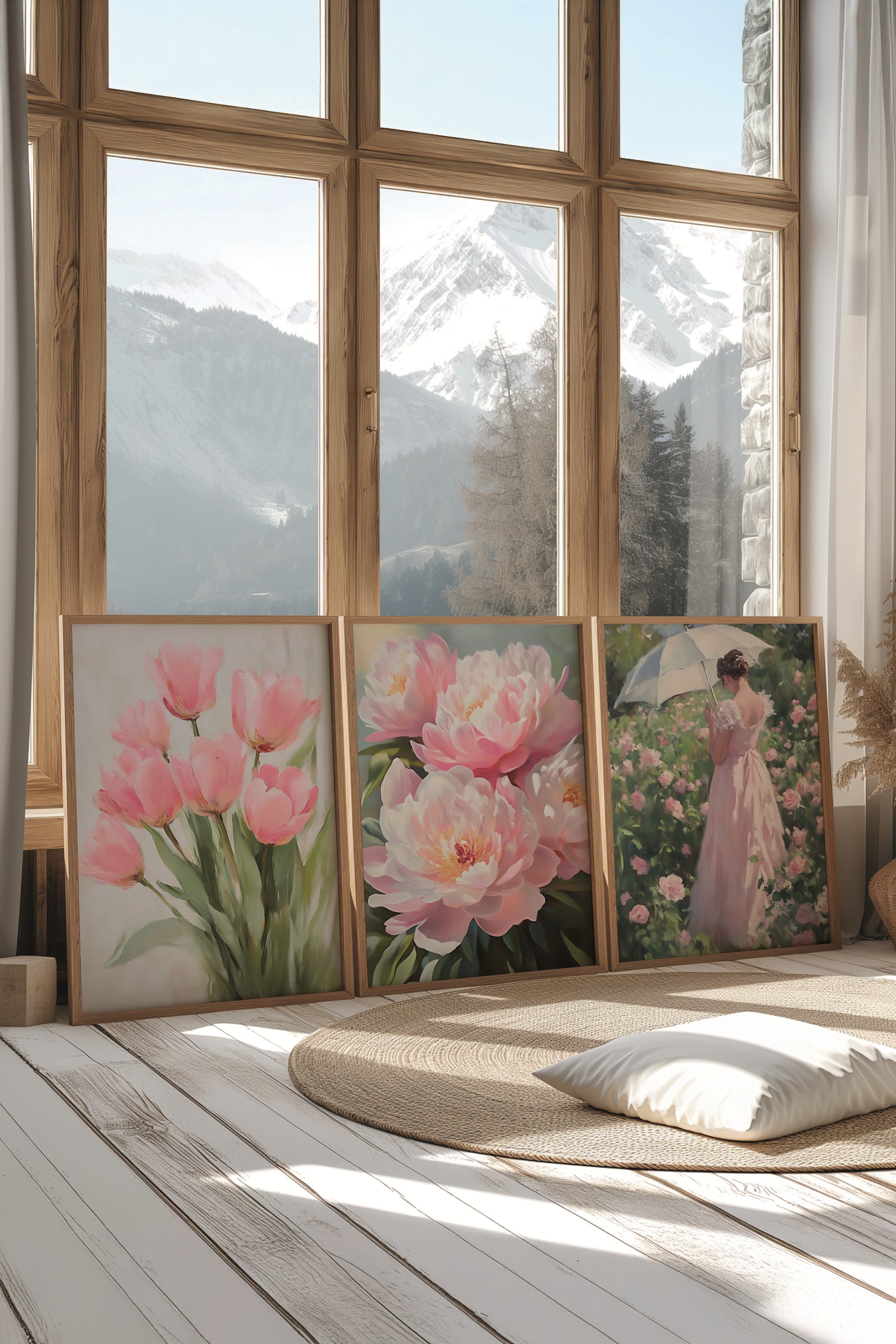 Ahşap Tablo Seti, 3 Adet Ahşap Çerçeveli Poster pinky flower Model No:300894, Pembe Duvar Dekoru