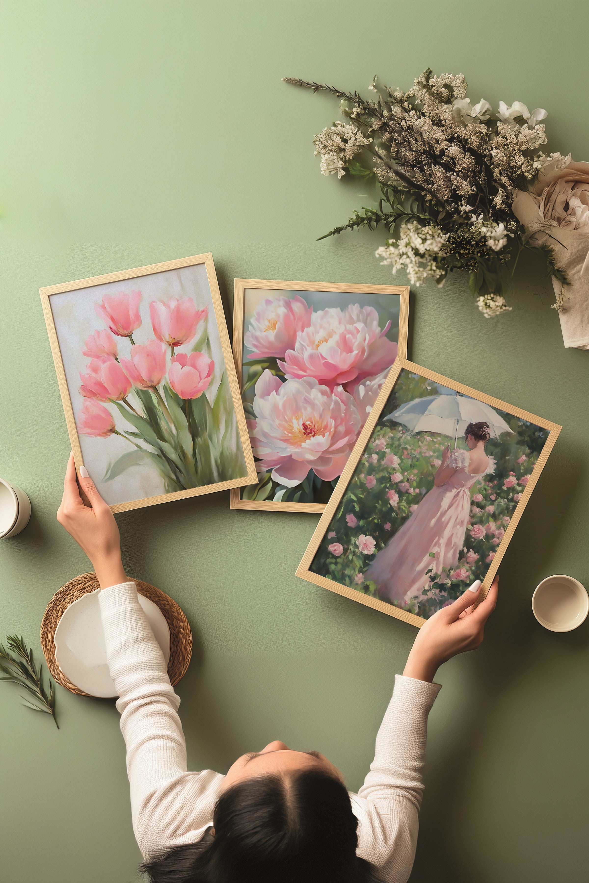 Ahşap Tablo Seti, 3 Adet Ahşap Çerçeveli Poster pinky flower Model No:300894, Pembe Duvar Dekoru