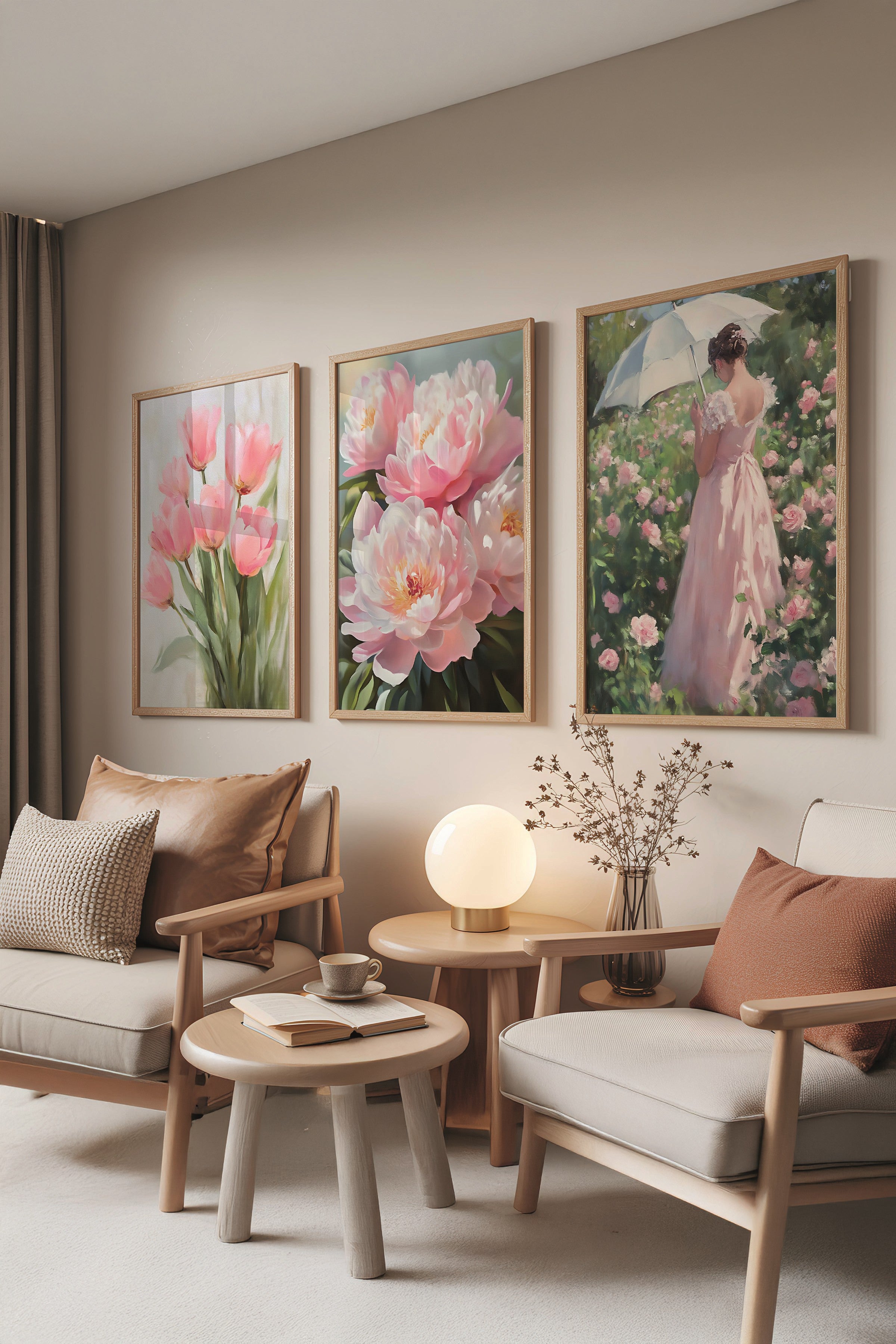 Ahşap Tablo Seti, 3 Adet Ahşap Çerçeveli Poster pinky flower Model No:300894, Pembe Duvar Dekoru