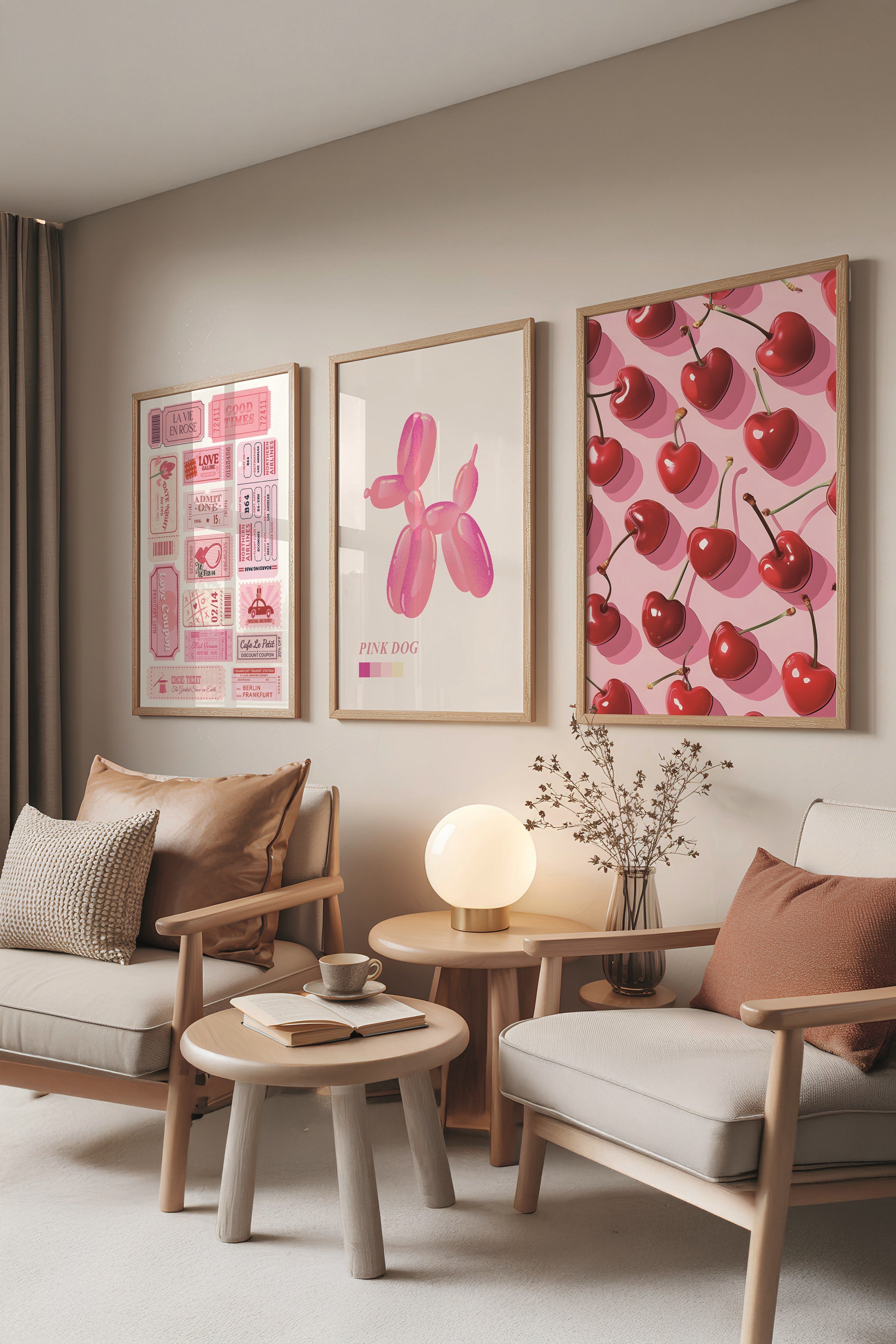 Ahşap Tablo Seti, 3 Adet Ahşap Çerçeveli Poster Preppy Model No:300893, Pembe Duvar Dekoru