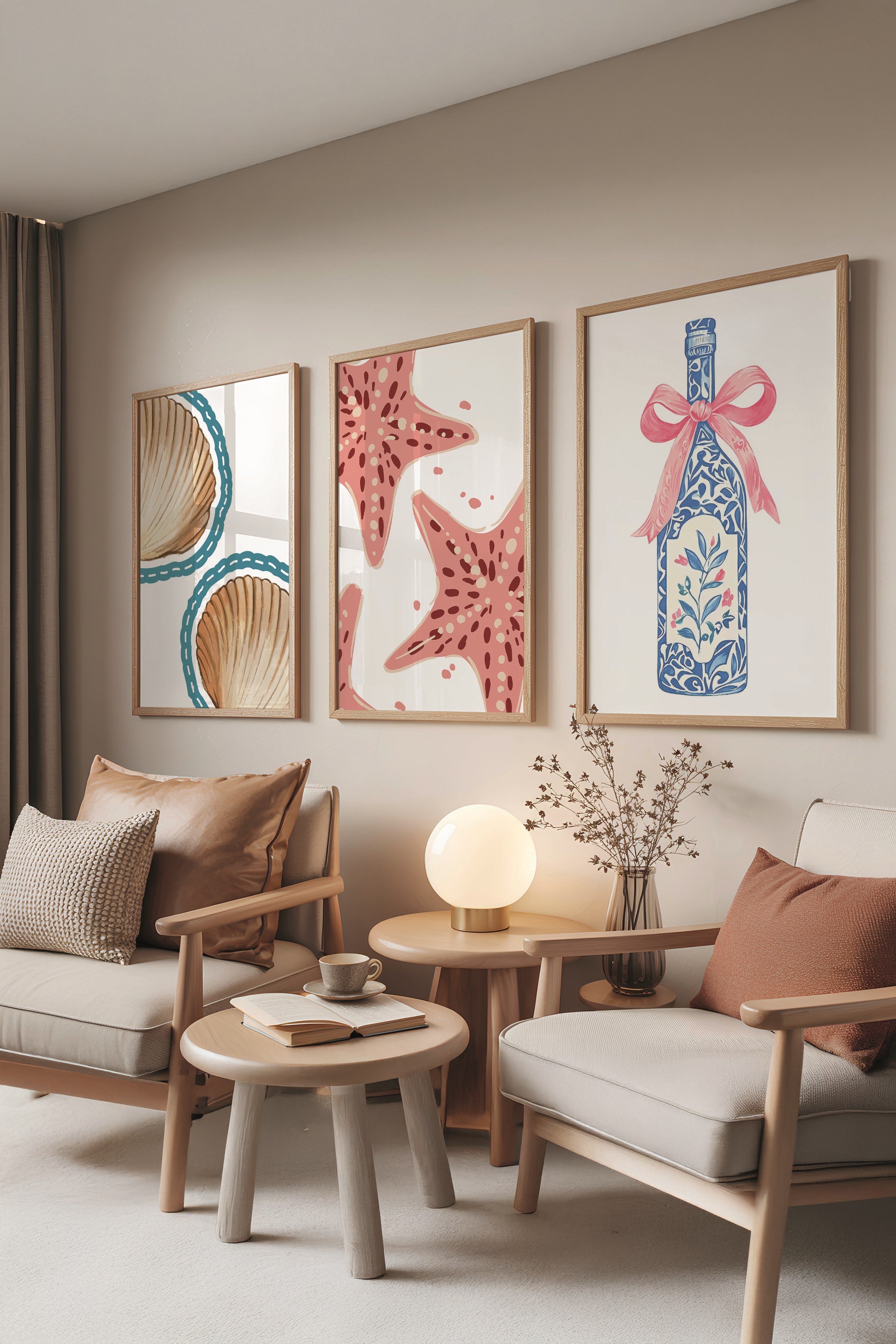 Ahşap Tablo Seti, 3 Adet Ahşap Çerçeveli Poster Sea Bottle Model No:300849, Mavi Duvar Dekor