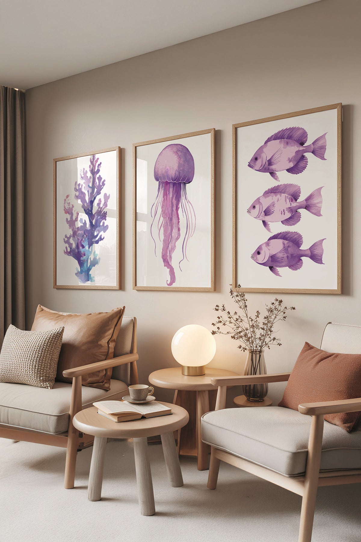 Ahşap Tablo Seti, 3 Adet Ahşap Çerçeveli Poster sea creatures Model No:300822, Mor Duvar Dekoru