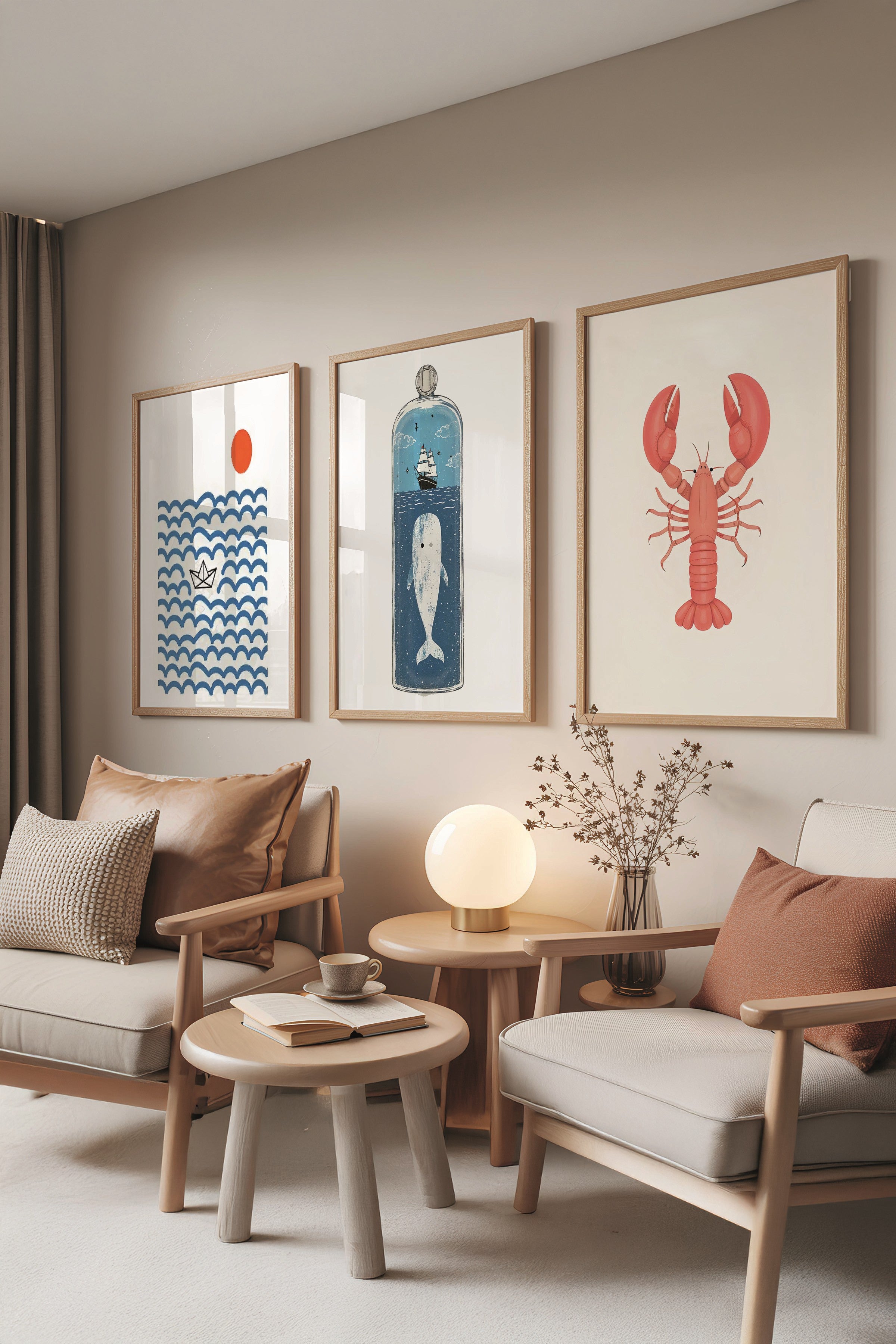 Ahşap Tablo Seti, 3 Adet Ahşap Çerçeveli Poster Sea Icons Model No:300831, Mavi Duvar Dekoru