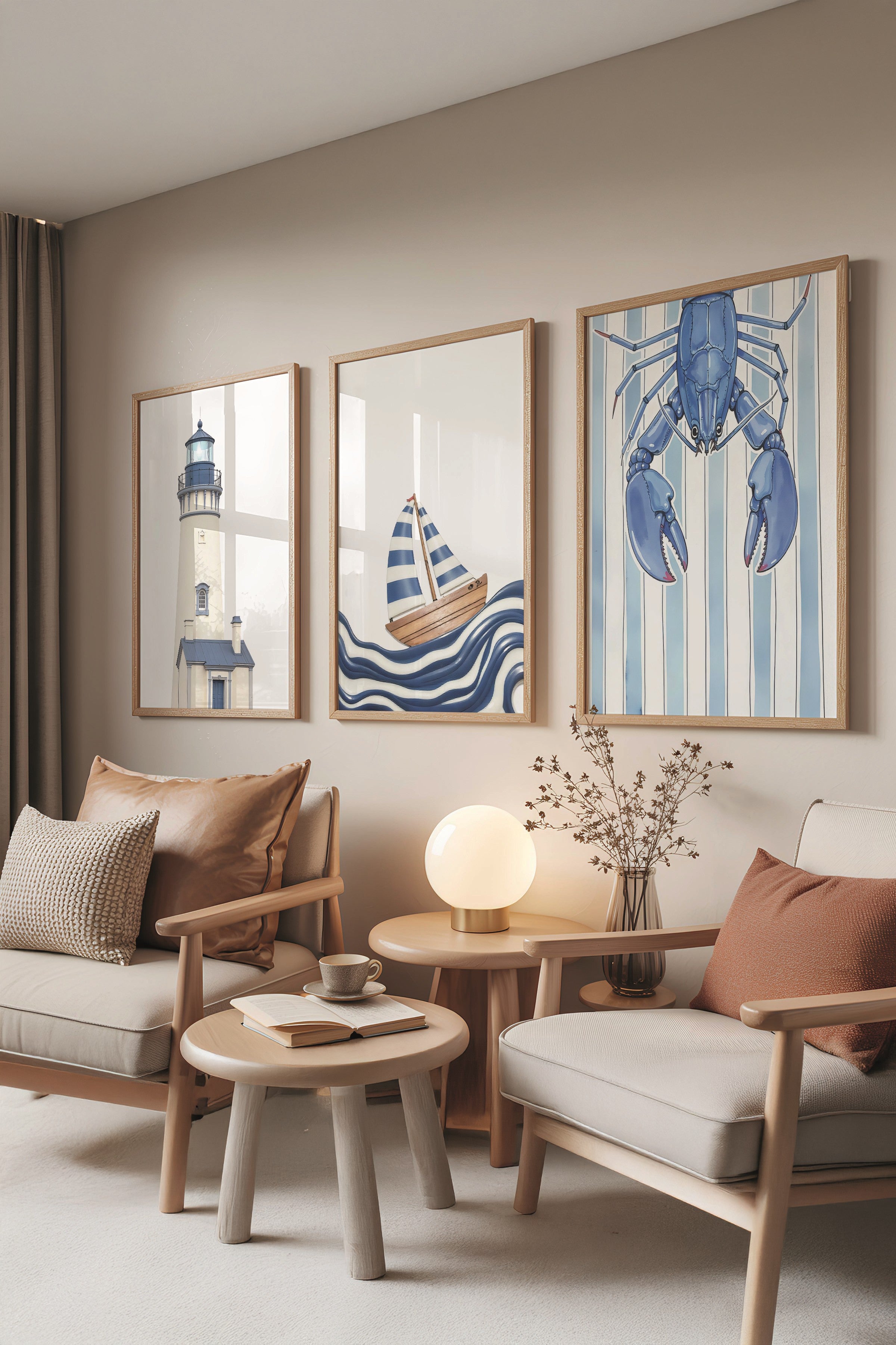 Ahşap Tablo Seti, 3 Adet Ahşap Çerçeveli Poster Sea Shows Model No:300828, Mavi Duvar Dekoru