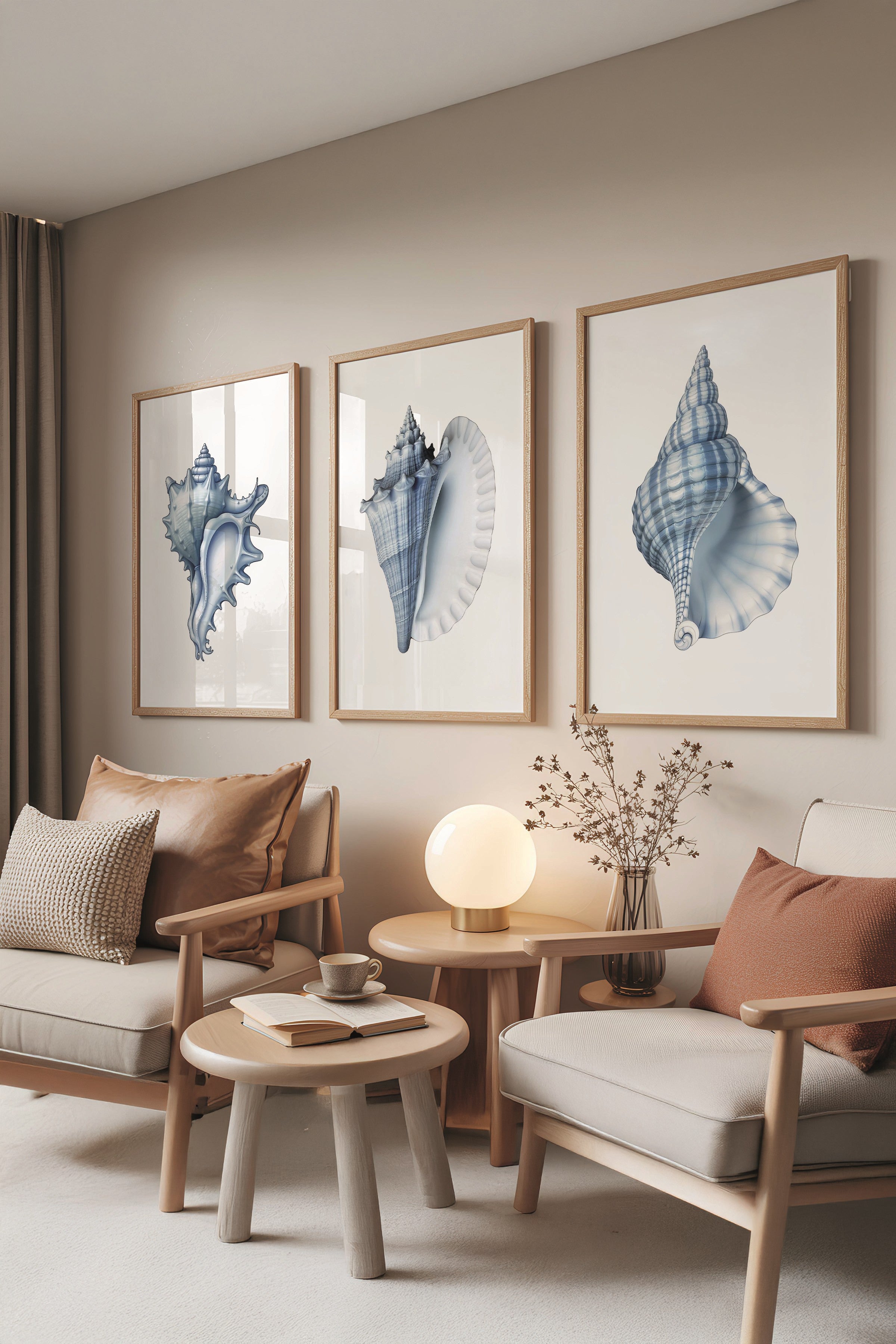 Ahşap Tablo Seti, 3 Adet Ahşap Çerçeveli Poster seashells Model No:300838, Mavi Duvar Dekoru