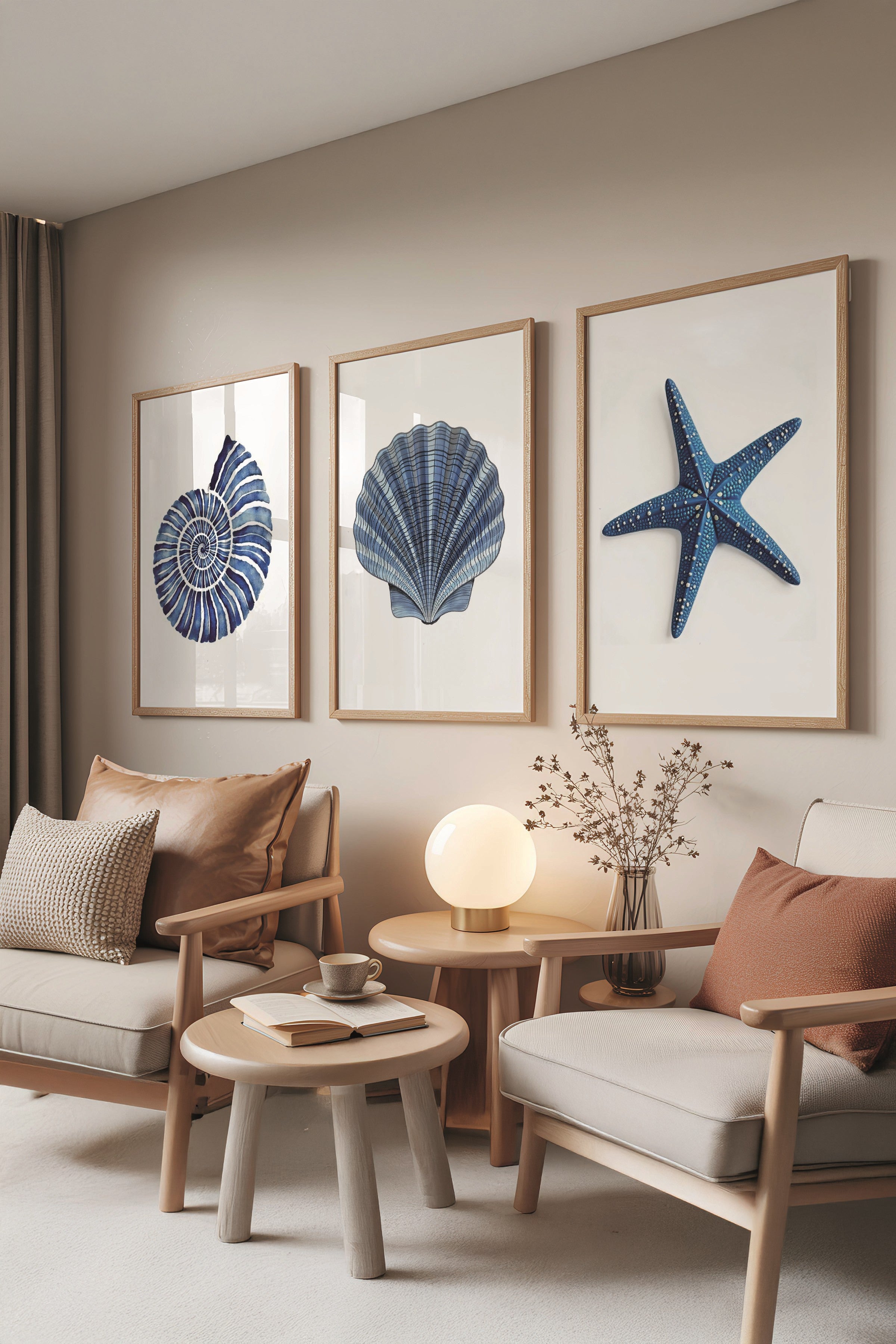 Ahşap Tablo Seti, 3 Adet Ahşap Çerçeveli Poster Seashells Model No:300890, Mavi Duvar Dekoru