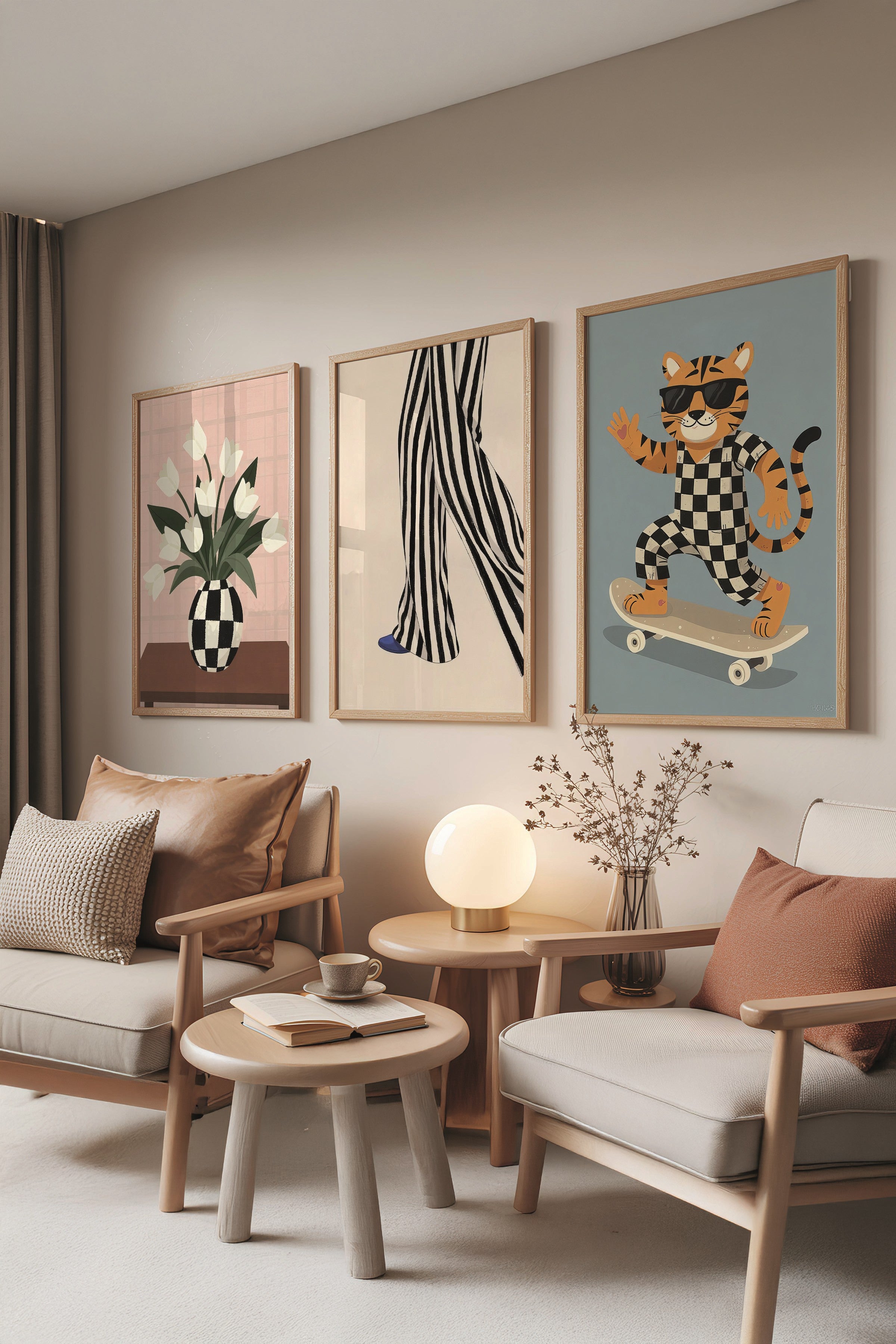 Ahşap Tablo Seti, 3 Adet Ahşap Çerçeveli Poster Skater Cat Model No:300869, Multicolor Duvar Dekoru