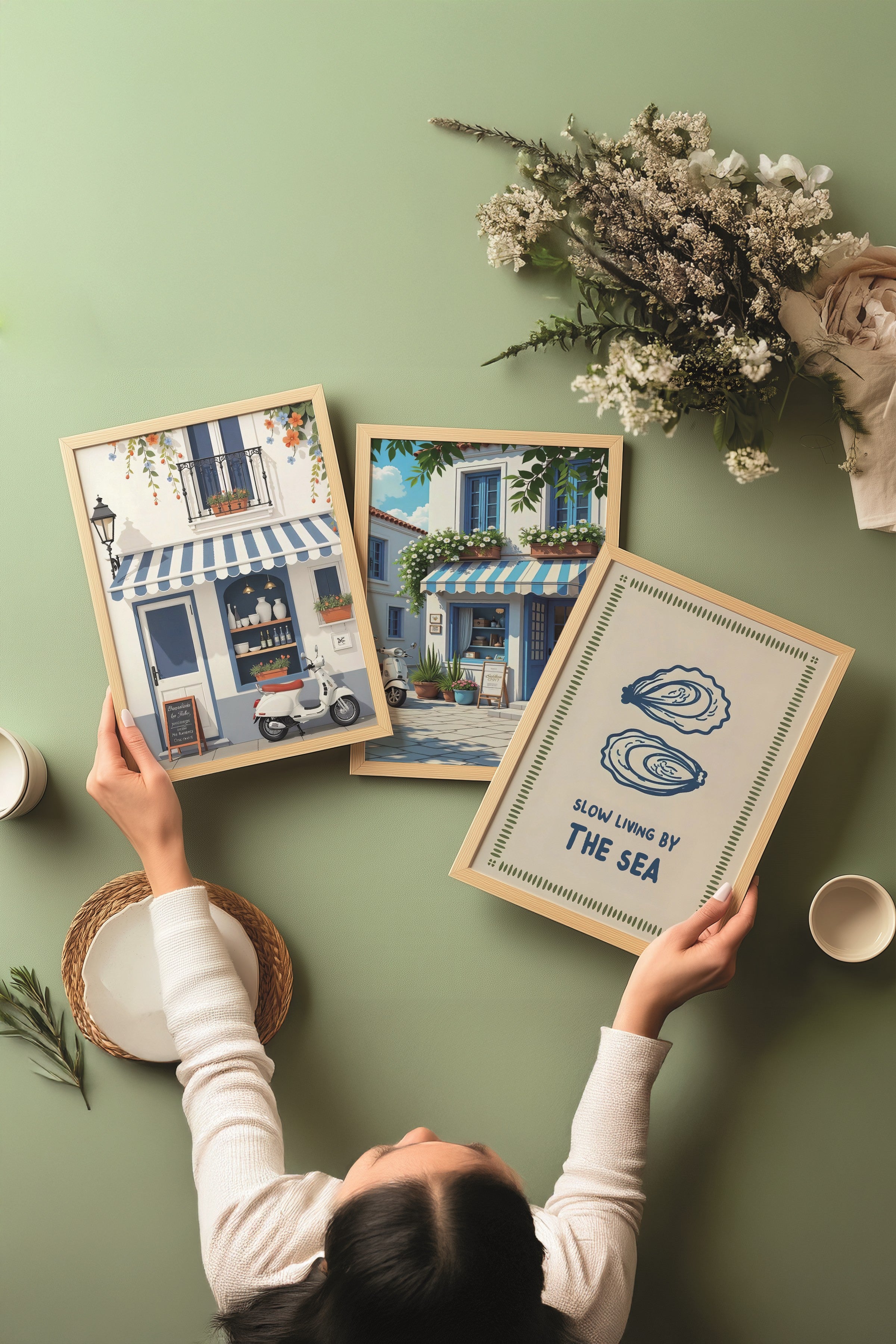 Ahşap Tablo Seti, 3 Adet Ahşap Çerçeveli Poster Slow Living by the Sea Model No:300860, Duvar Dekoru