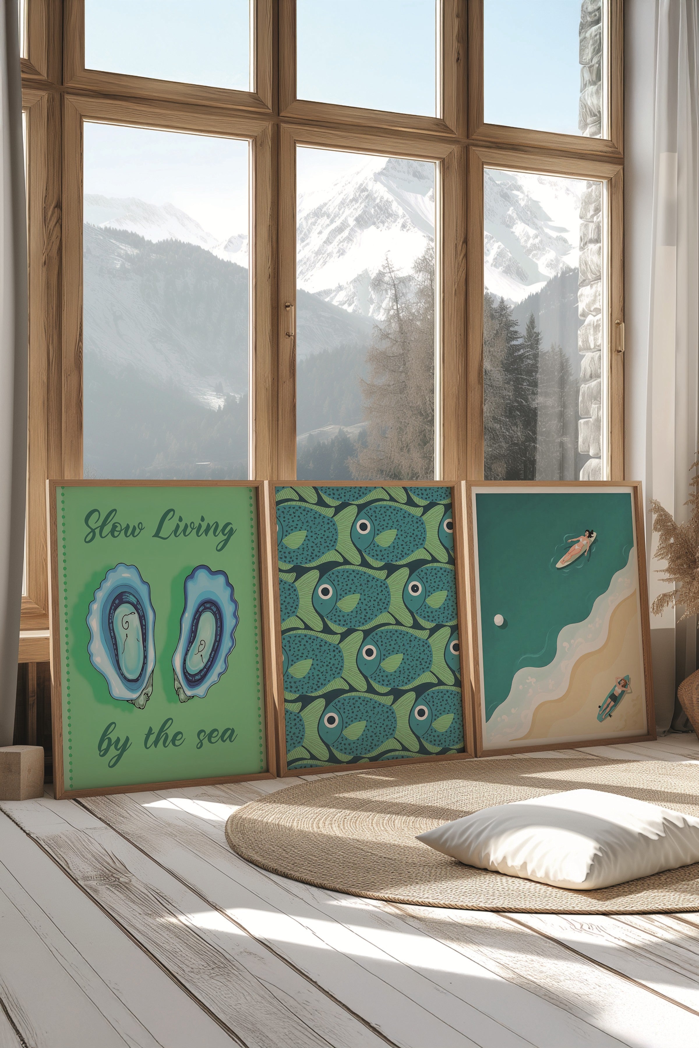 Ahşap Tablo Seti, 3 Adet Ahşap Çerçeveli Poster slow living Model No:300852, Yeşil Duvar Dekoru