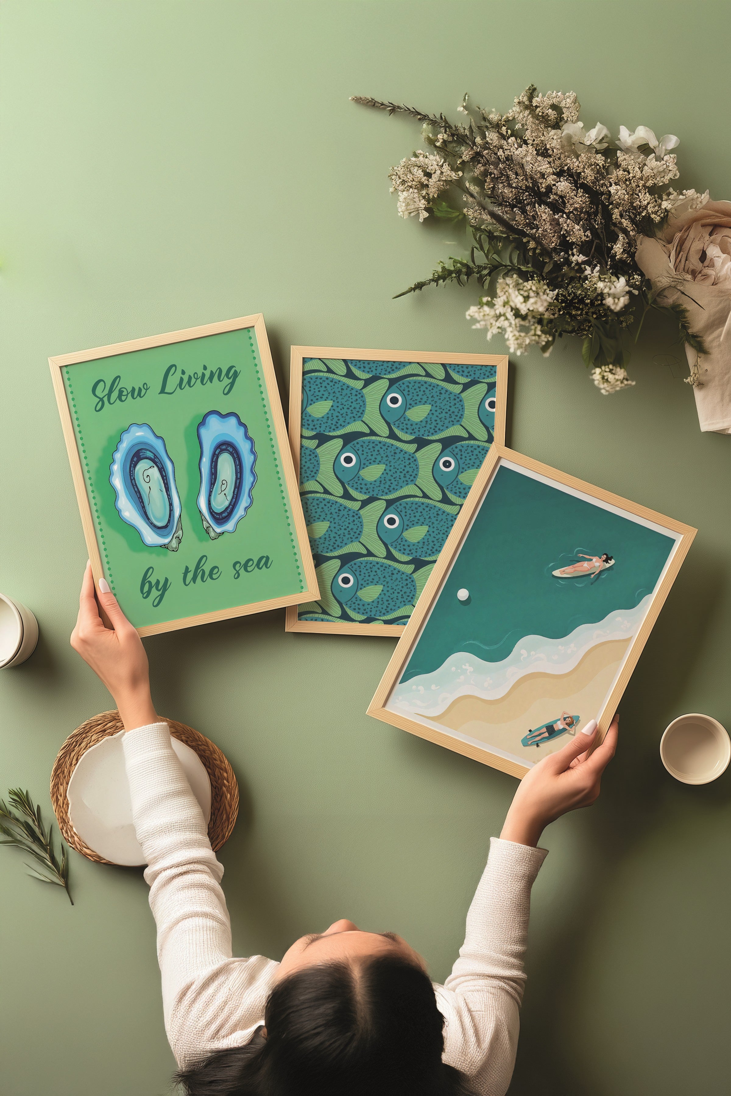 Ahşap Tablo Seti, 3 Adet Ahşap Çerçeveli Poster slow living Model No:300852, Yeşil Duvar Dekoru