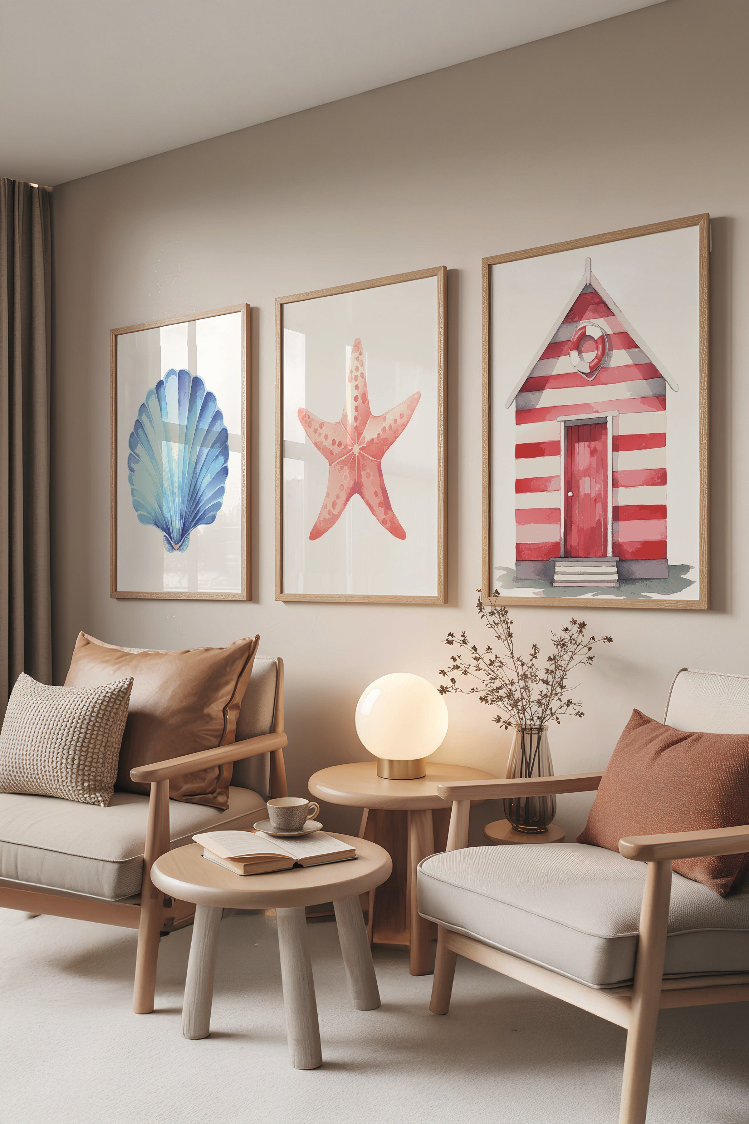 Ahşap Tablo Seti, 3 Adet Ahşap Çerçeveli Poster Summer icons Model No:300824, Renkli Duvar Dekoru
