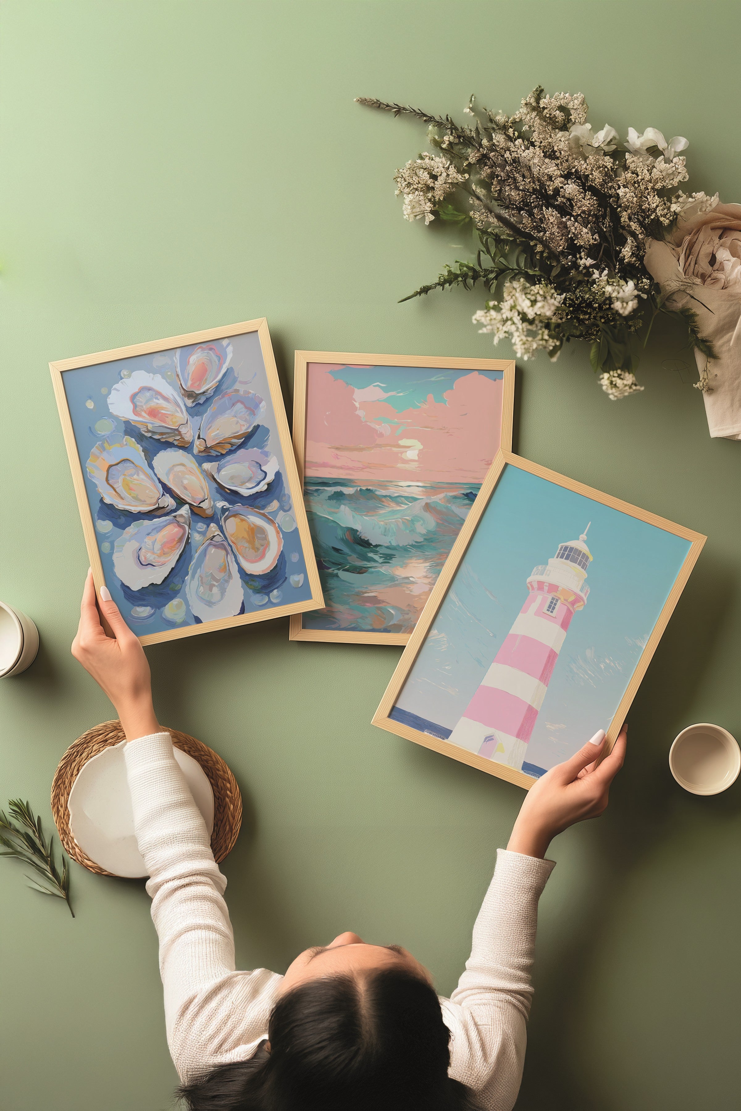 Ahşap Tablo Seti, 3 Adet Ahşap Çerçeveli Poster summer Model No:300823, Pembe ve Mavi Duvar Dekoru