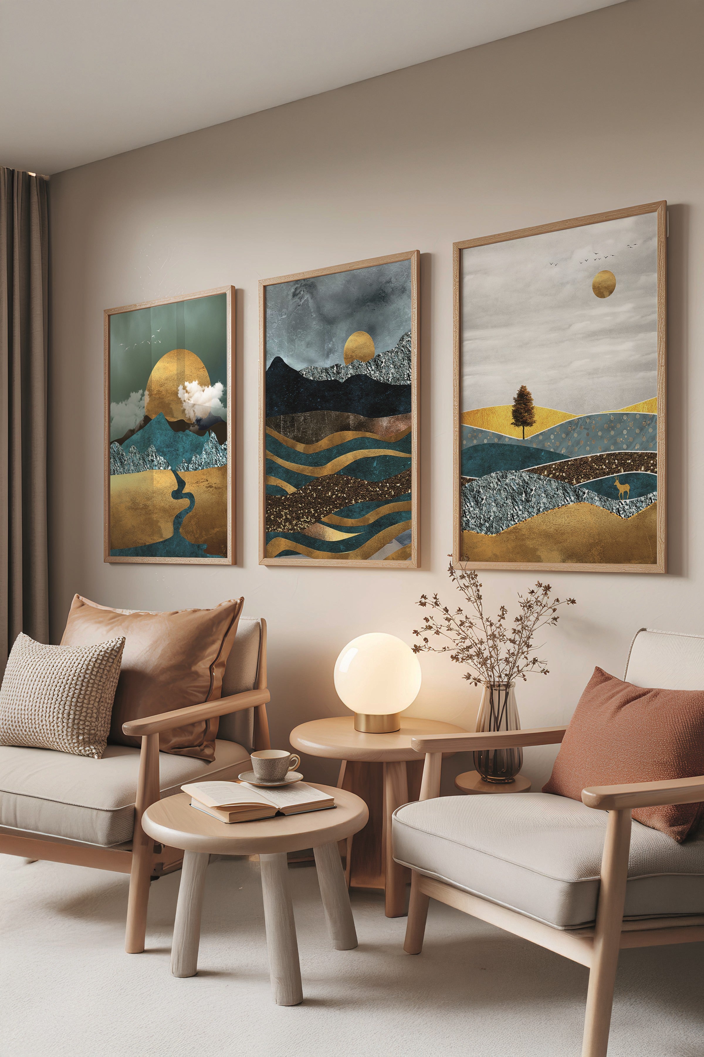 Ahşap Tablo Seti, 3 Adet Ahşap Çerçeveli Poster Sun by the Mountain Model No:300884, Duvar Dekoru