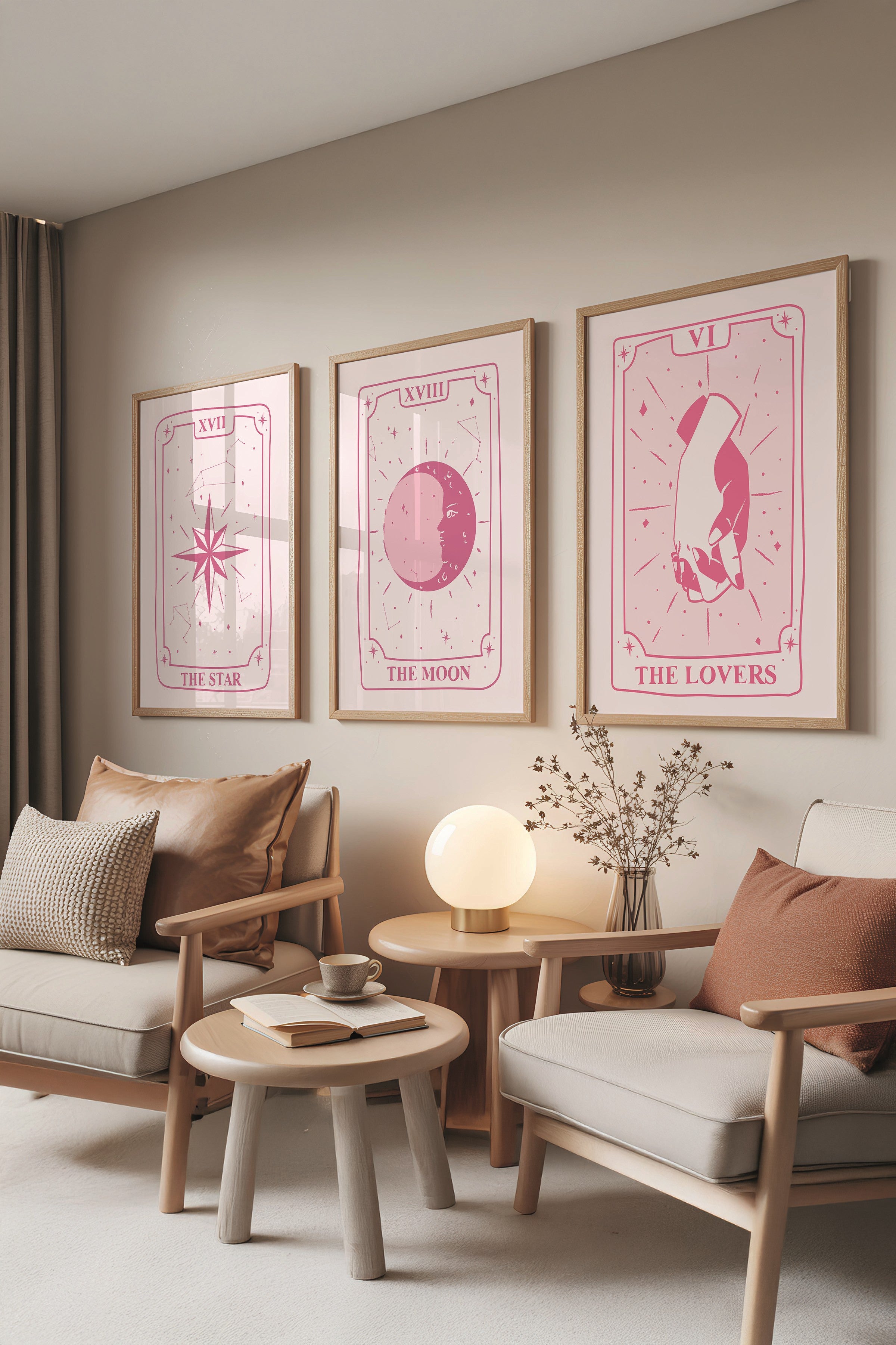 Ahşap Tablo Seti, 3 Adet Ahşap Çerçeveli Poster tarot cards Model No:300898, Pembe Duvar Dekoru
