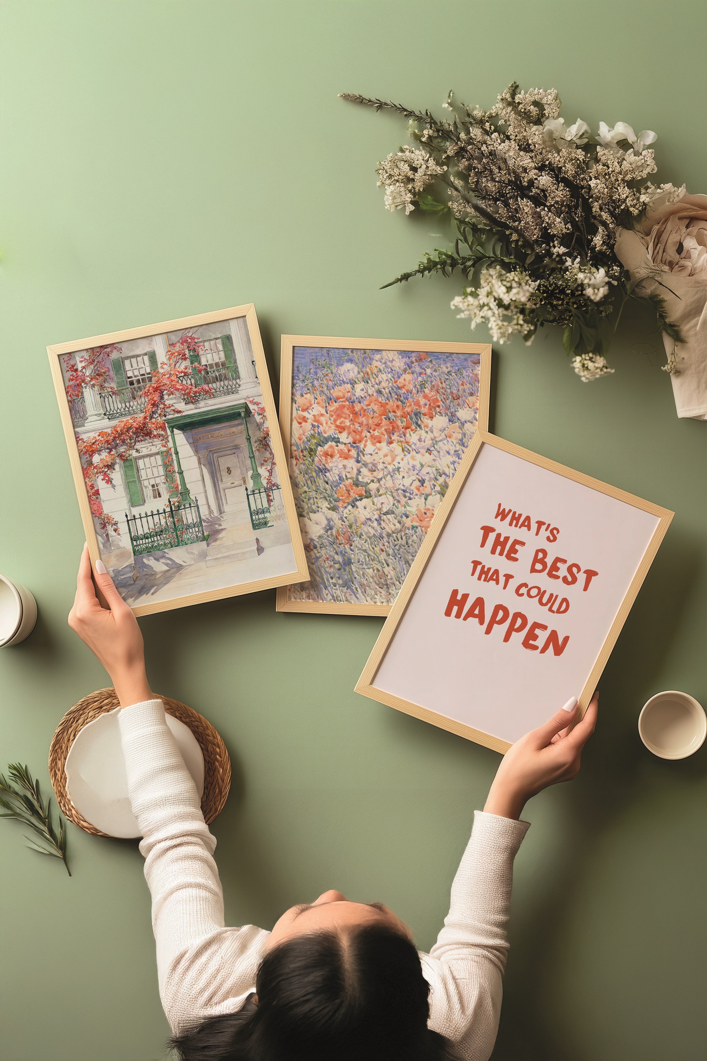 Ahşap Tablo Seti, 3 Adet Ahşap Çerçeveli Poster The Best Happen Model No:300864, Duvar Dekoru