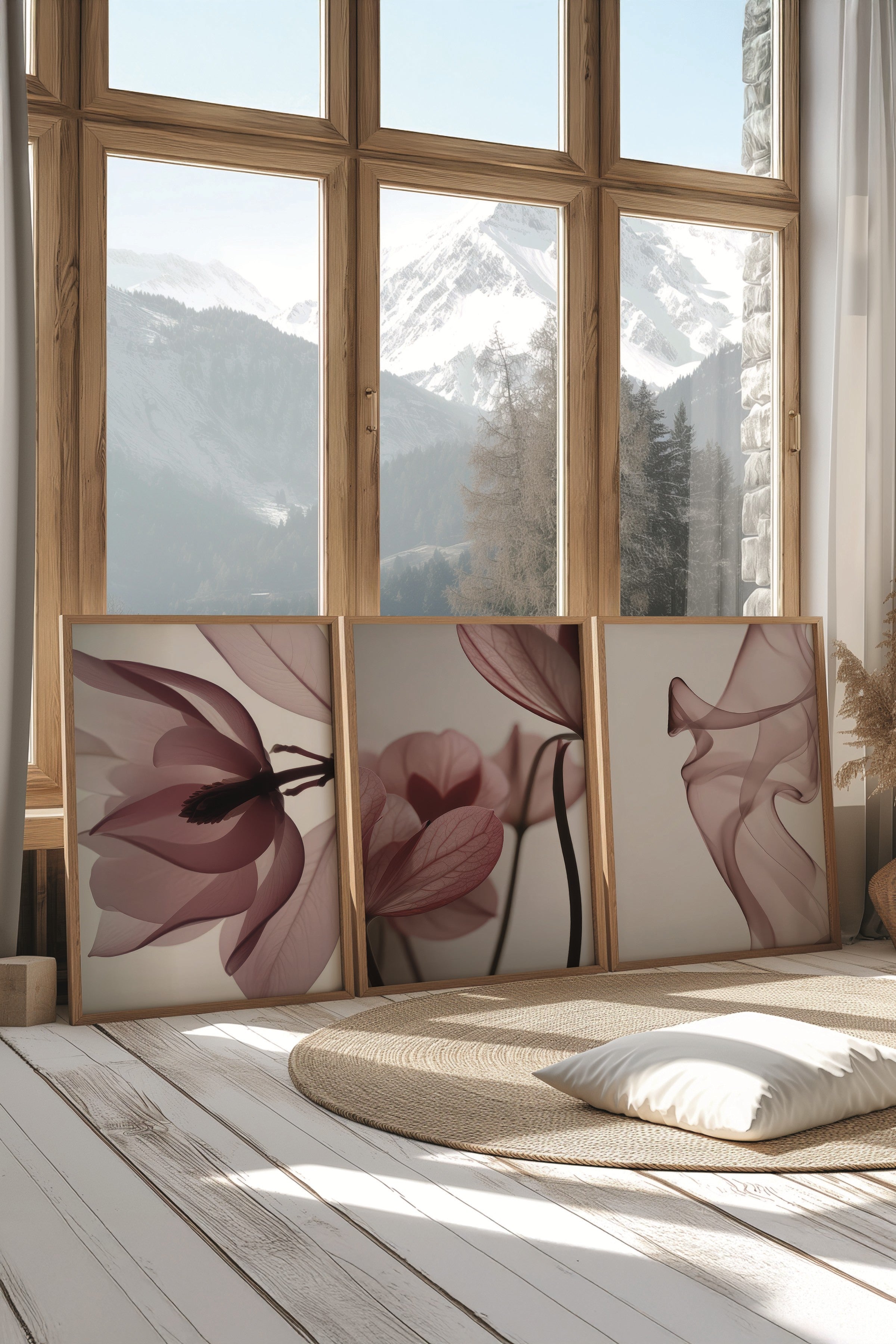 Ahşap Tablo Seti, 3 Adet Ahşap Çerçeveli Poster Vivid Flower Model No:300800, Kırmızı Duvar Dekoru