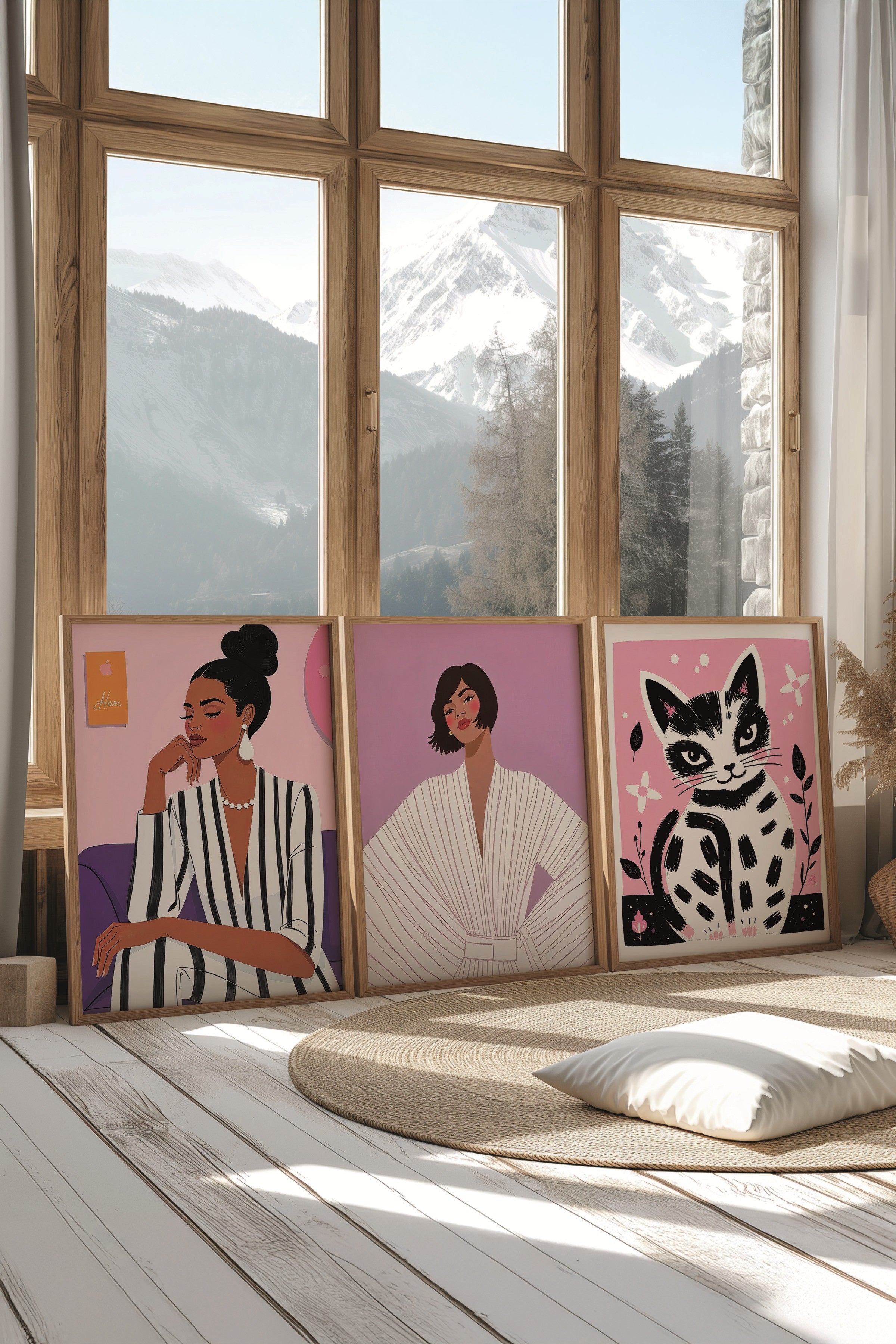 Ahşap Tablo Seti, 3 Adet Ahşap Çerçeveli Poster Woman in Pink Model No:300868, Pembe Duvar Dekoru