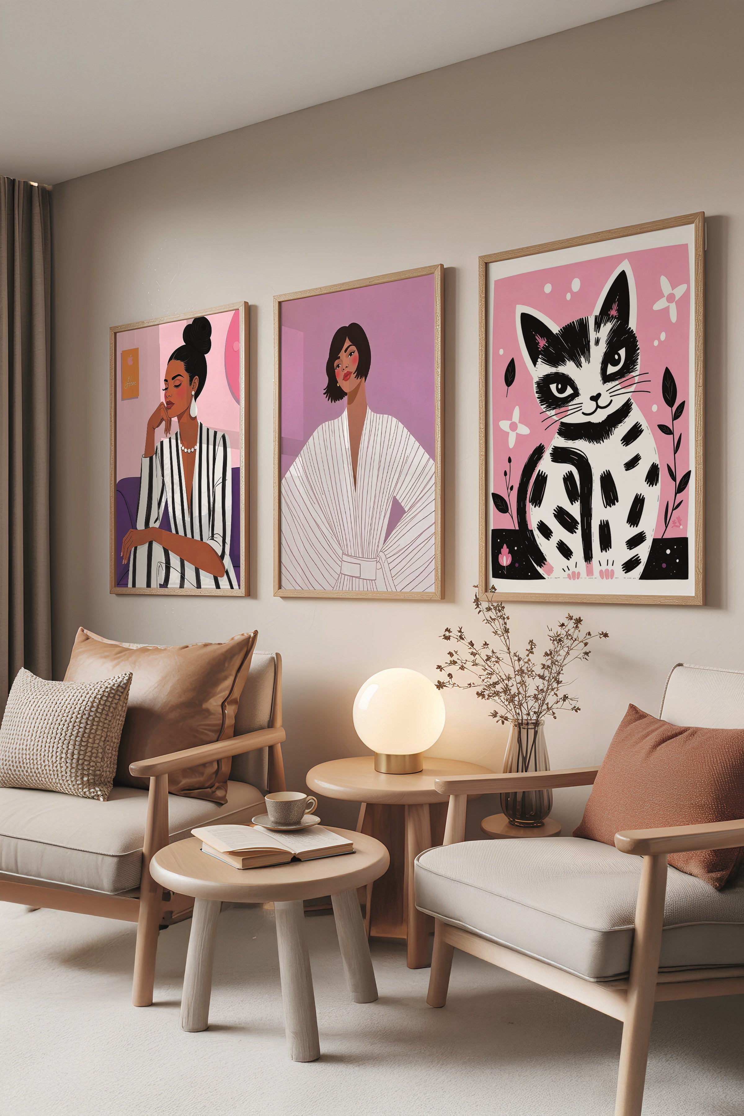 Ahşap Tablo Seti, 3 Adet Ahşap Çerçeveli Poster Woman in Pink Model No:300868, Pembe Duvar Dekoru