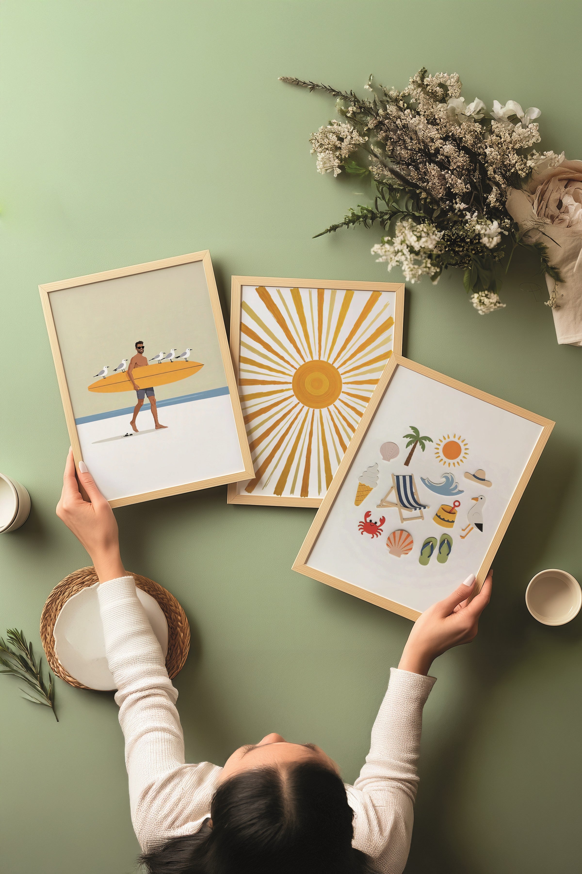 Ahşap Tablo Seti, 3 Adet Ahşap Çerçeveli Poster Yellow summer Model No:300832, Sarı Duvar Dekoru
