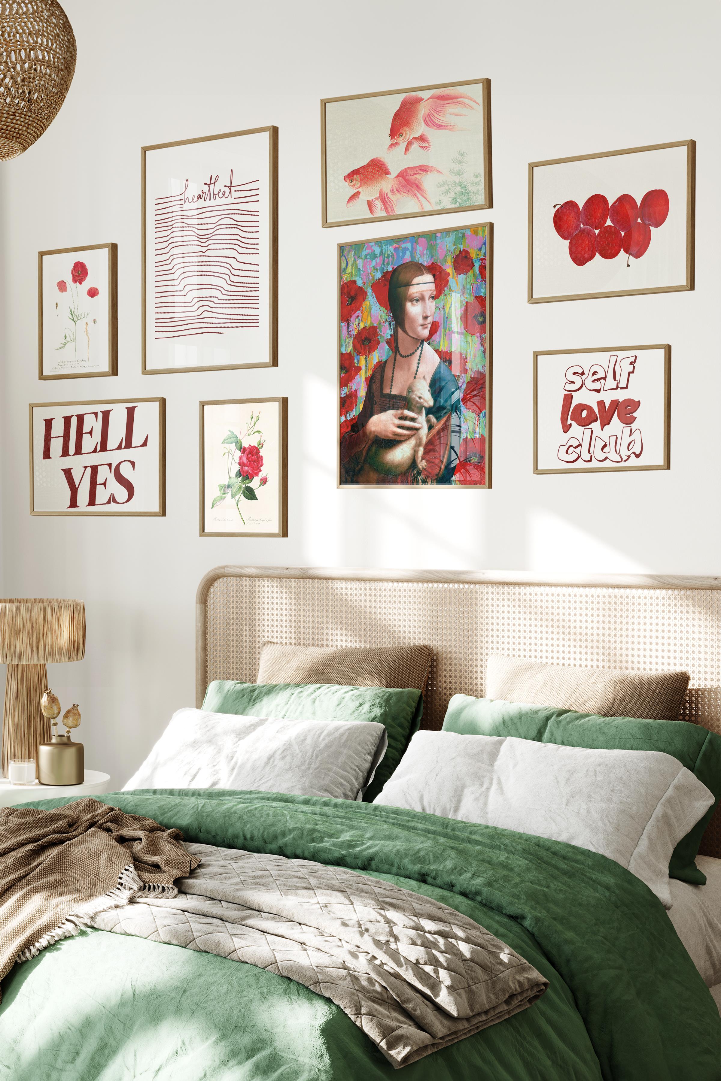 Ahşap Tablo Seti, 8 Adet Çerçeve Seti,Kırmızı Maximalist Vintage Temalı Galeri Poster Seti NO:042