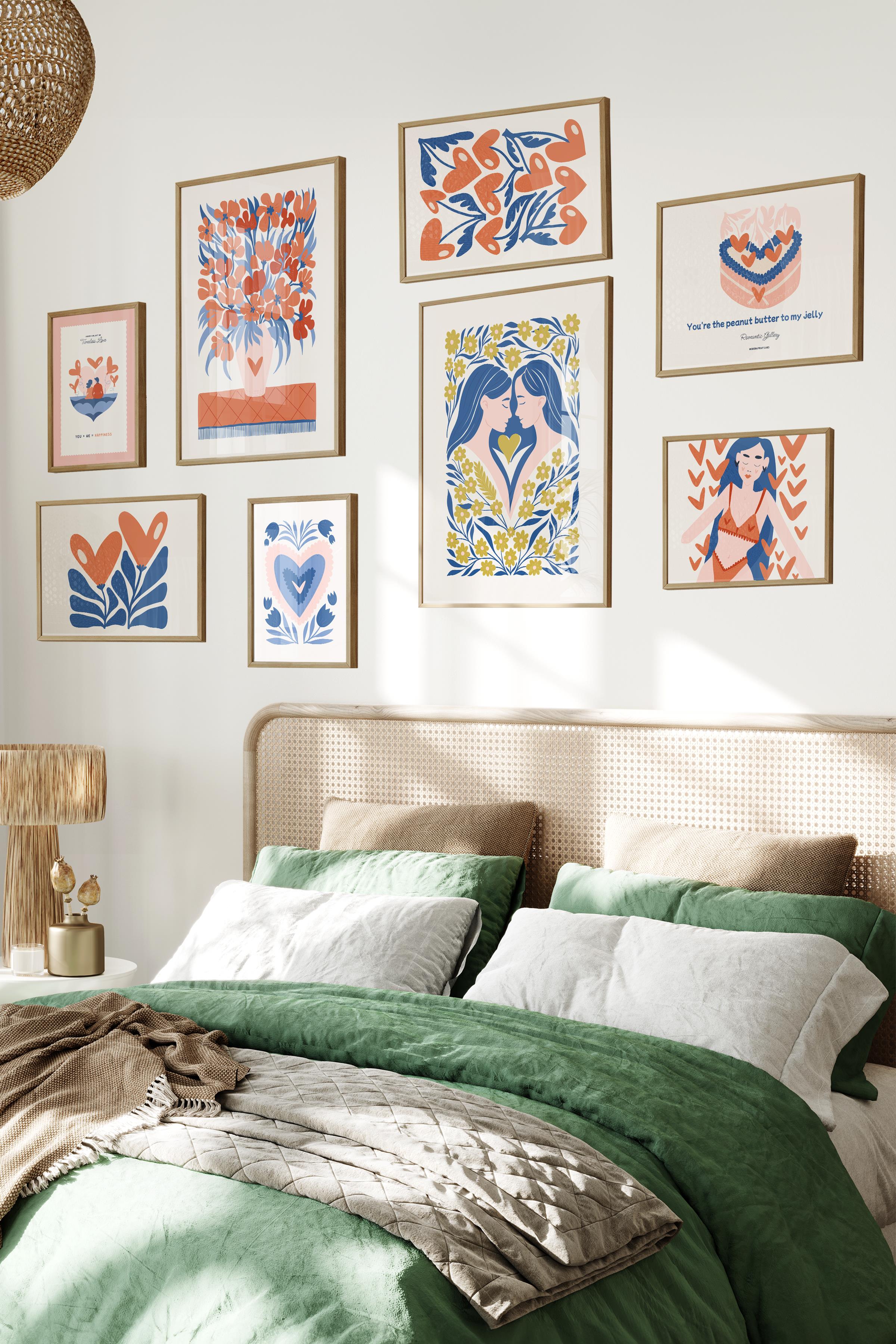 Ahşap Tablo Seti, 8 Adet Çerçeve Seti,Kırmızı ve Mavi Minimalist Temalı Galeri Poster Seti NO:034