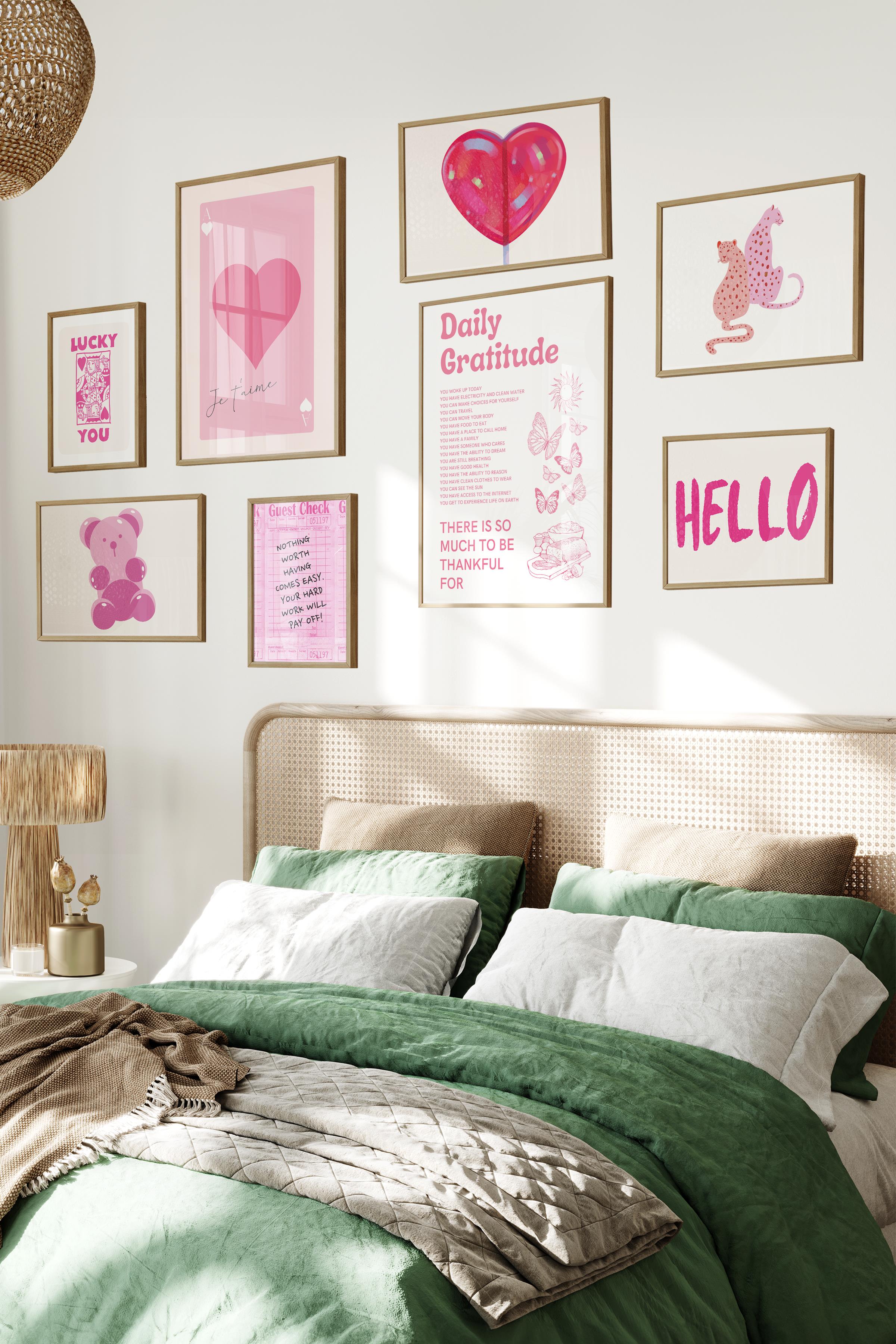 Ahşap Tablo Seti, 8 Adet Çerçeve Seti,Pembe Lucky You Temalı Galeri Poster Seti NO:039