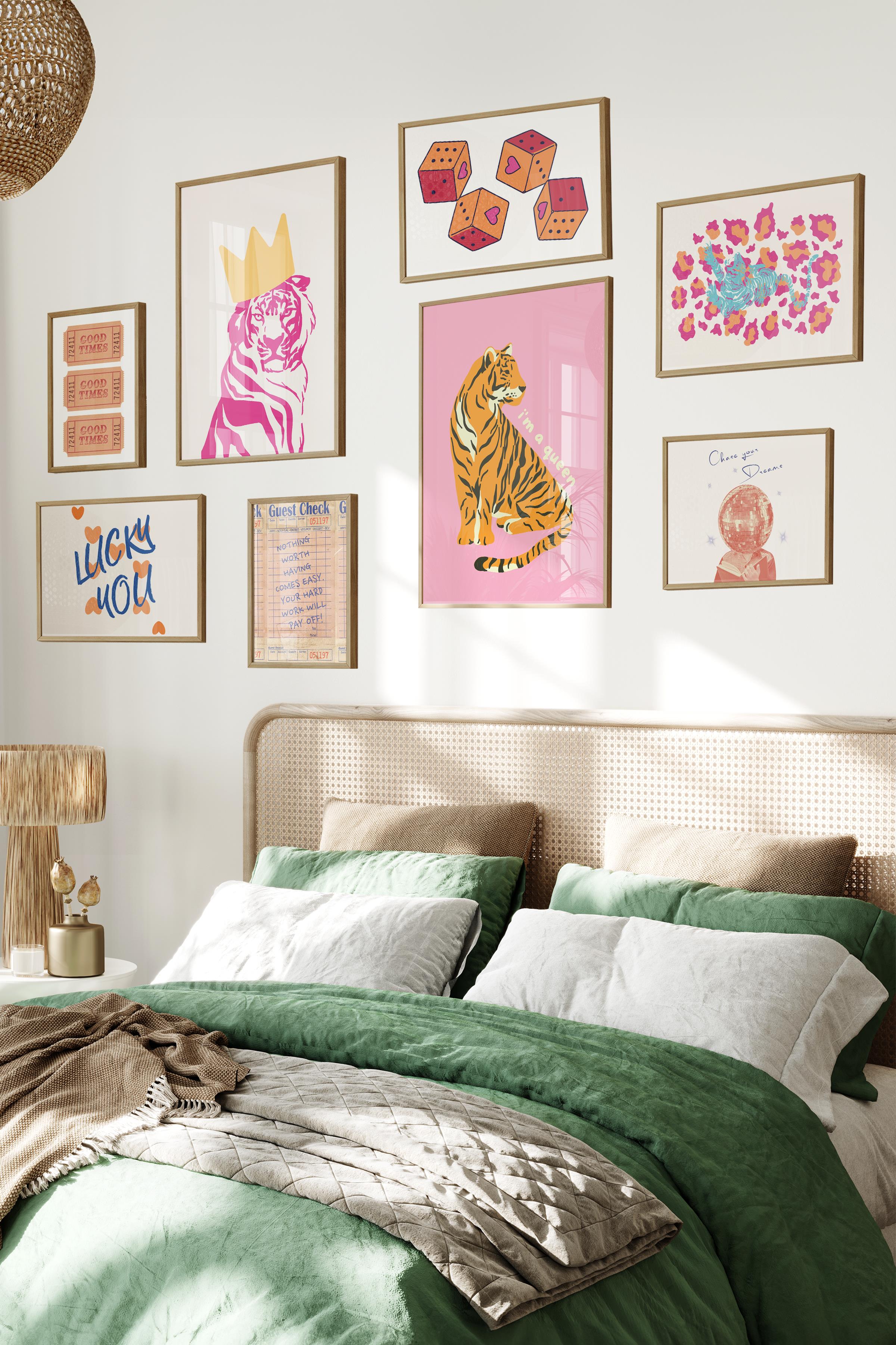 Ahşap Tablo Seti, 8 Adet Çerçeve Seti,Pembe Preppy Temalı Galeri Poster Seti NO:038
