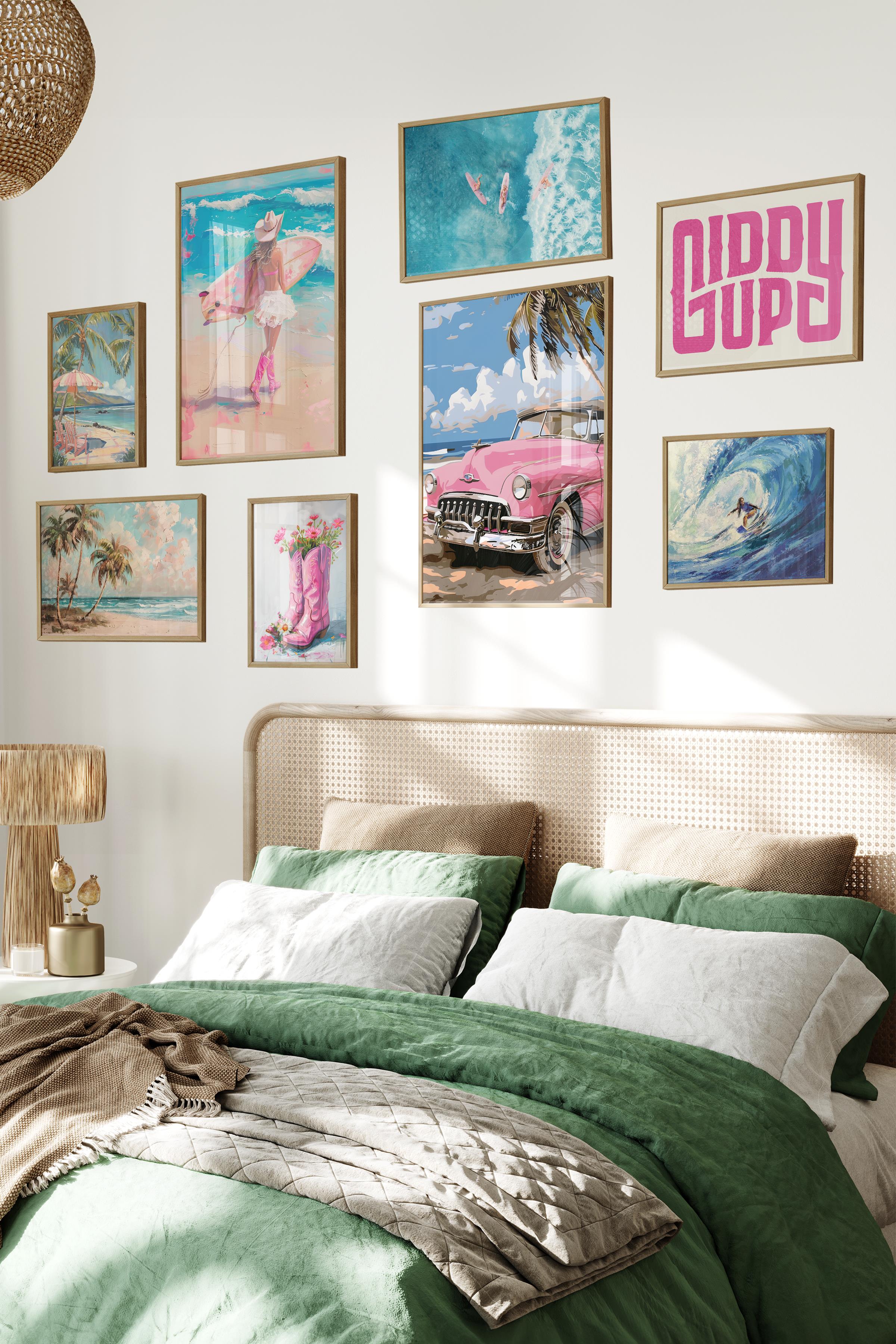 Ahşap Tablo Seti, 8 Adet Çerçeve Seti,Pembe Renkli Sahil Temalı Galeri Poster Seti NO:010