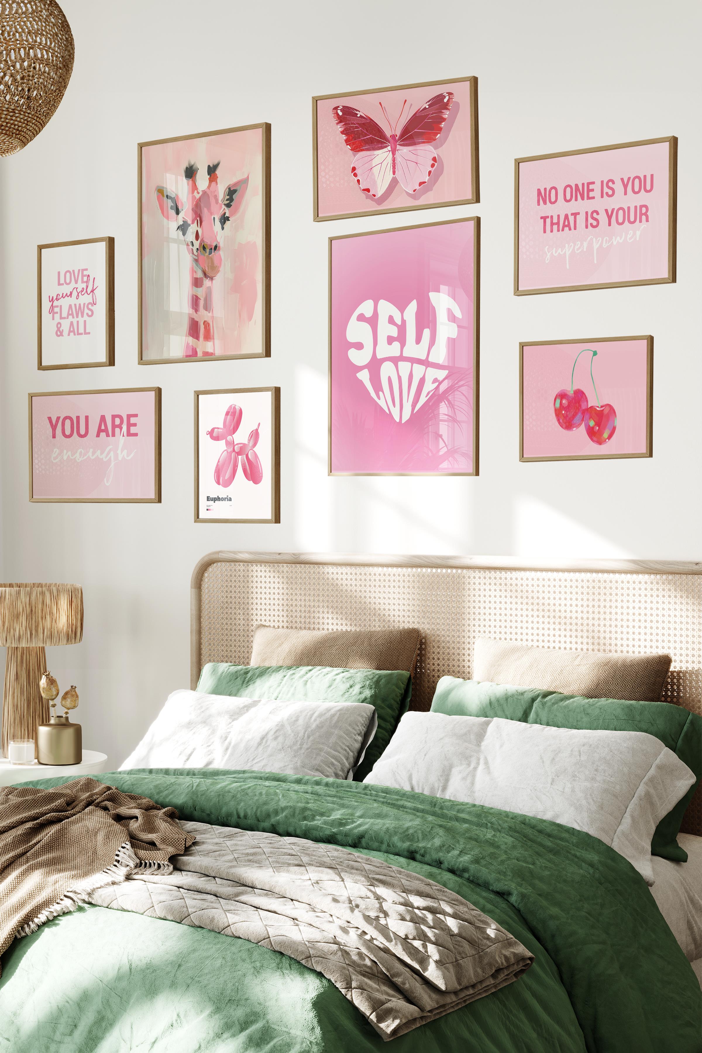 Ahşap Tablo Seti, 8 Adet Çerçeve Seti,Self Love Pembe Temalı Galeri Poster Seti NO:022