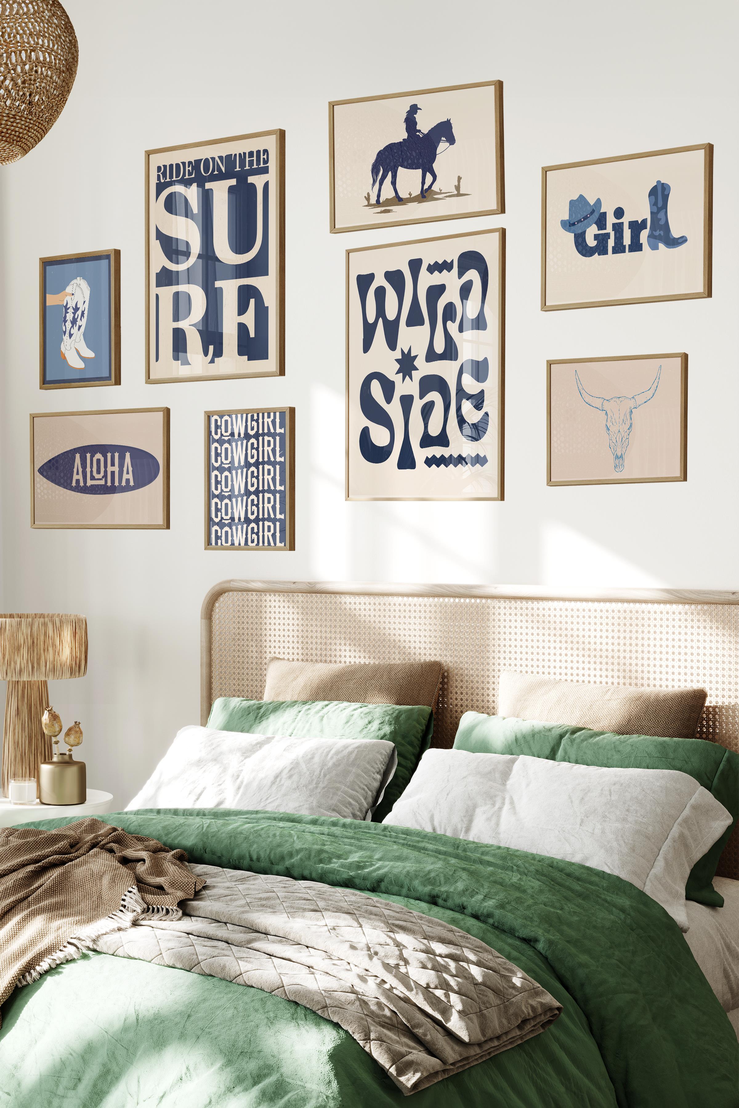 Ahşap Tablo Seti, 8 Adet Çerçeve Seti,Sörf İllustrasyon - Mavi Deniz Temalı Galeri Poster Seti NO:009