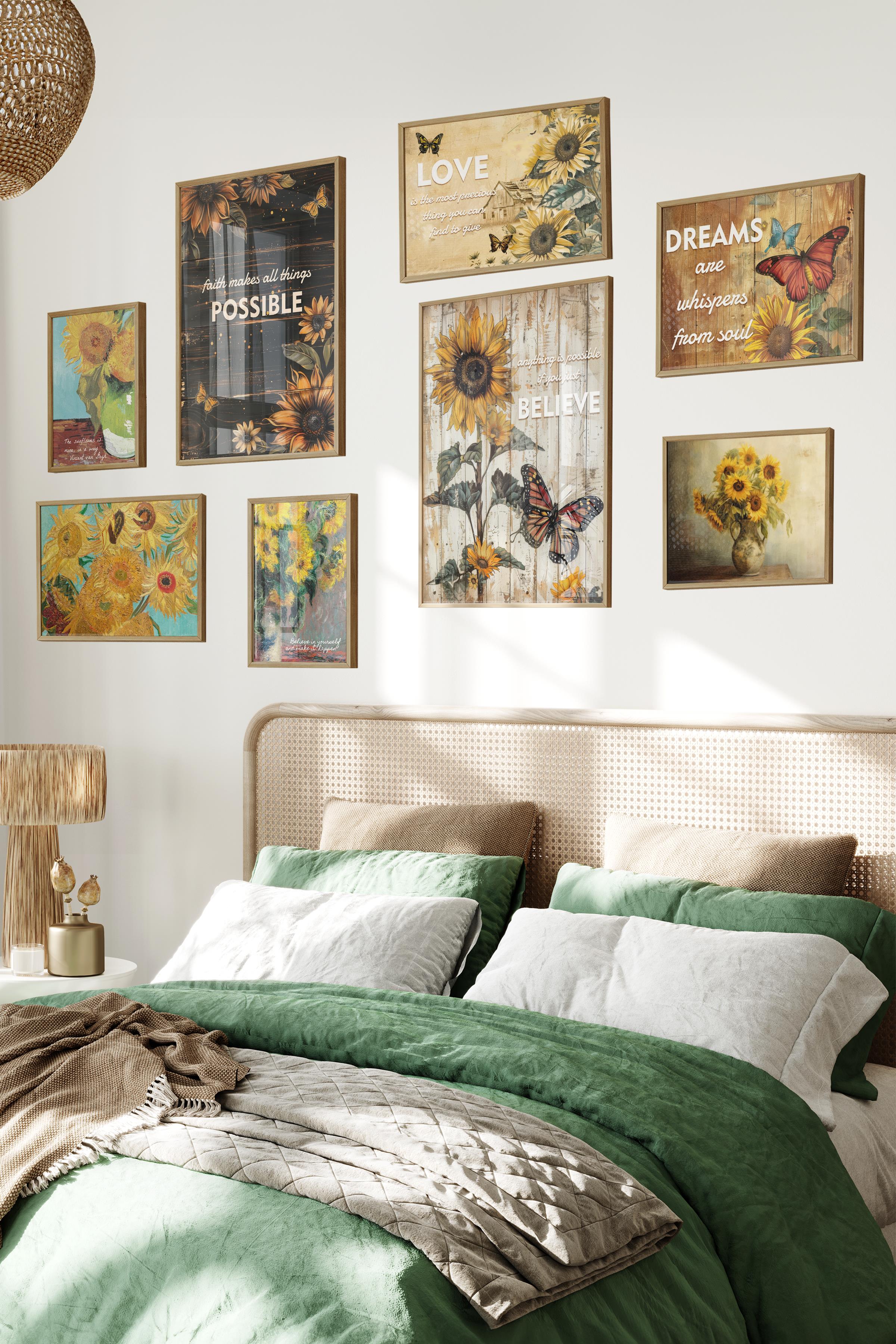 Ahşap Tablo Seti, 8 Adet Çerçeve Seti,Vintage Ayçiçeği Temalı Galeri Poster Seti NO:025