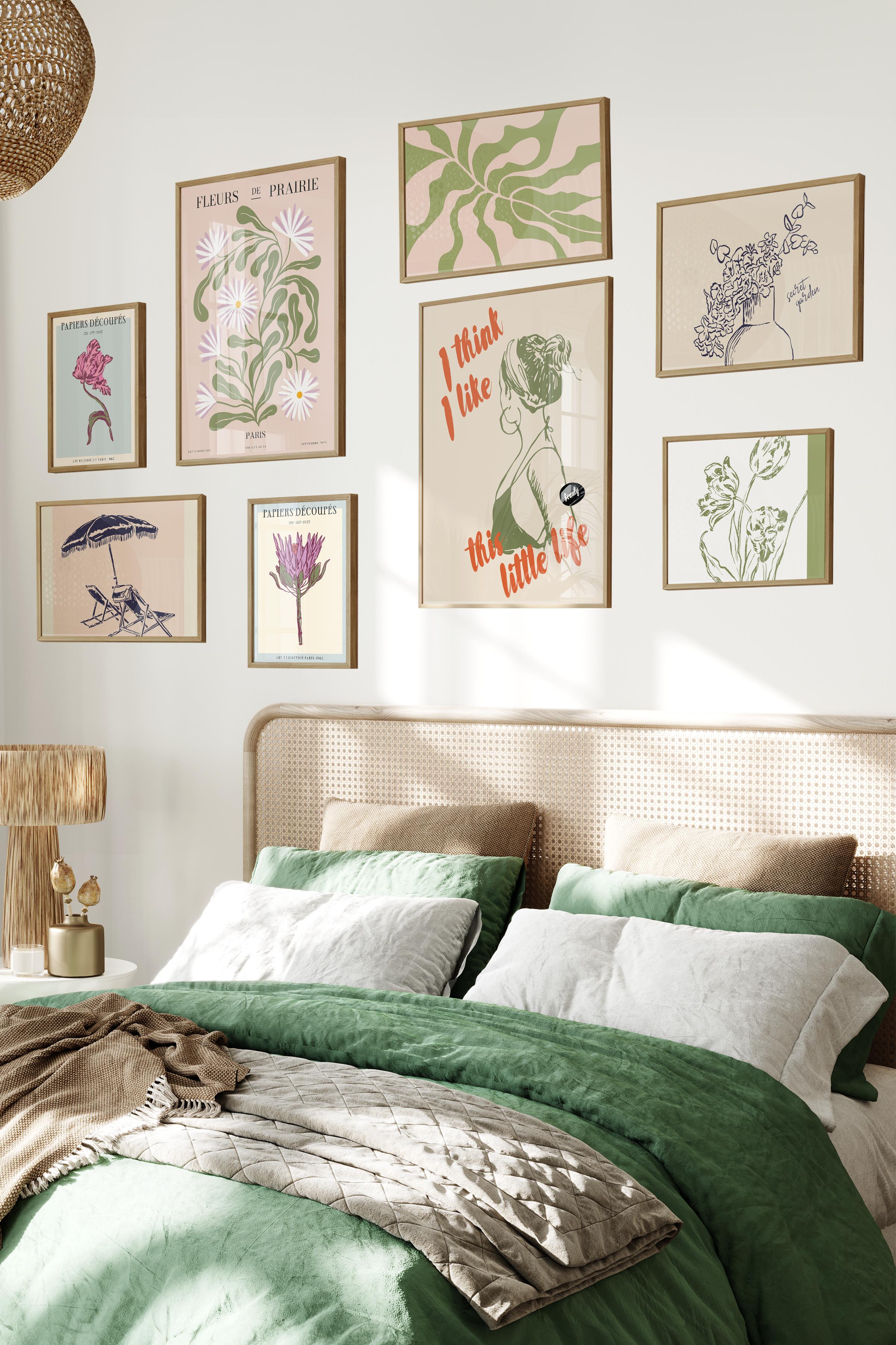 Ahşap Tablo Seti, 8 Adet Çerçeve Seti,Vintage Botanik Temalı Galeri Poster Seti NO:033