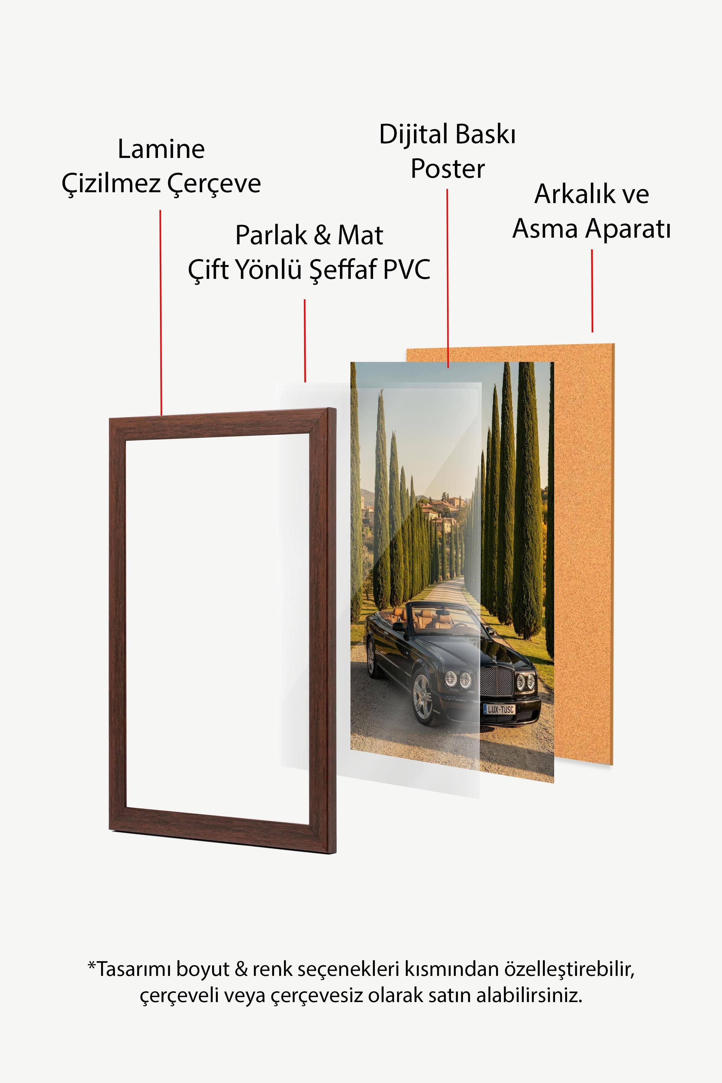 Araba ve Ağaçlı Yol Posteri, Kahverengi Çerçeveli Poster, Old Money Serisi, NO:113121