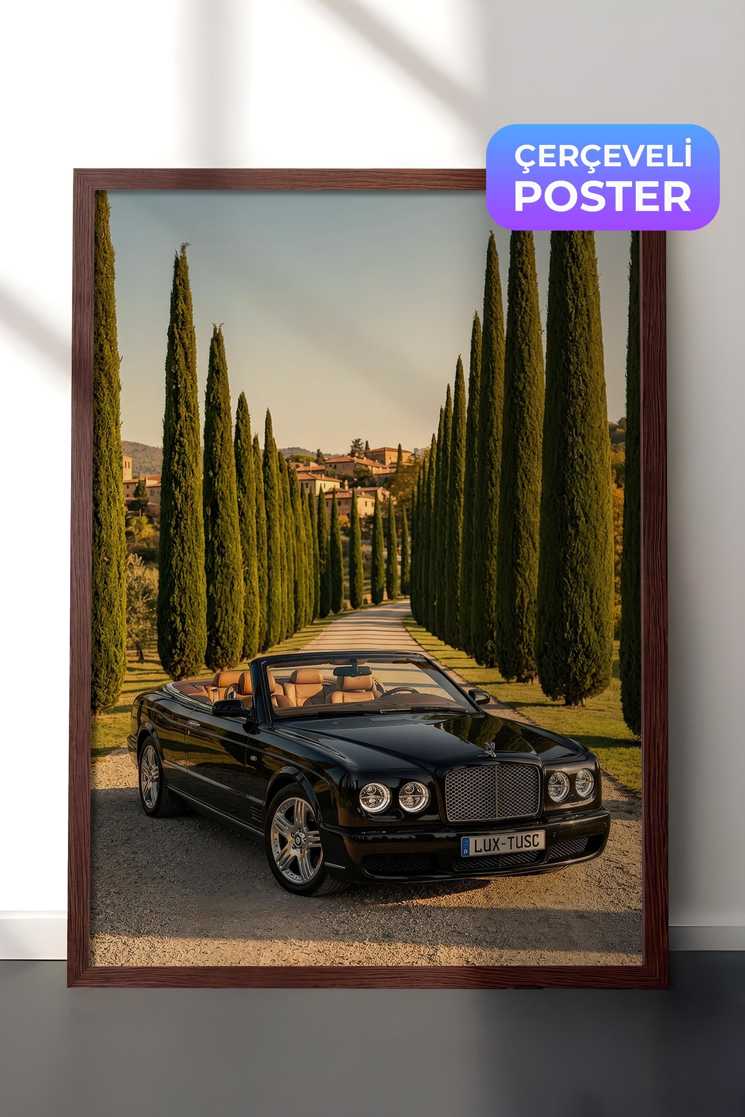 Araba ve Ağaçlı Yol Posteri, Kahverengi Çerçeveli Poster, Old Money Serisi, NO:113121