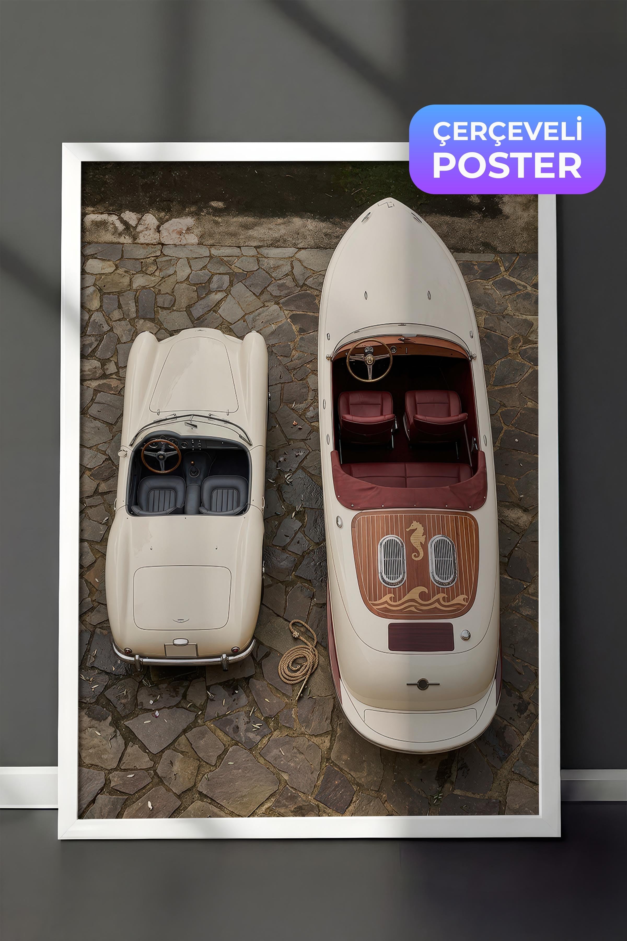 Araba ve Tekne Posteri, Beyaz Çerçeveli Poster, Old Money Serisi, NO:113165