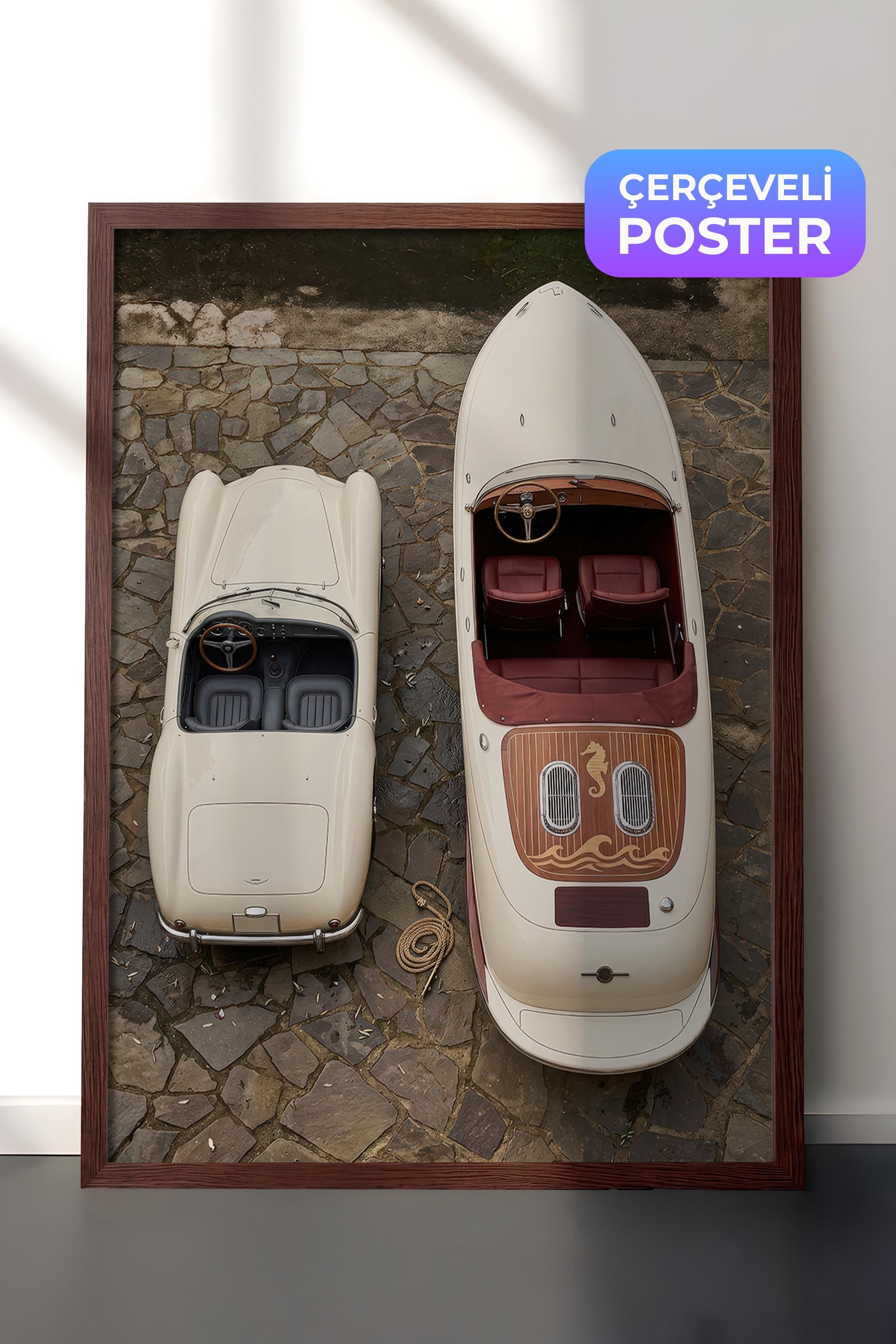 Araba ve Tekne Posteri, Kahverengi Çerçeveli Poster, Old Money Serisi, NO:113165
