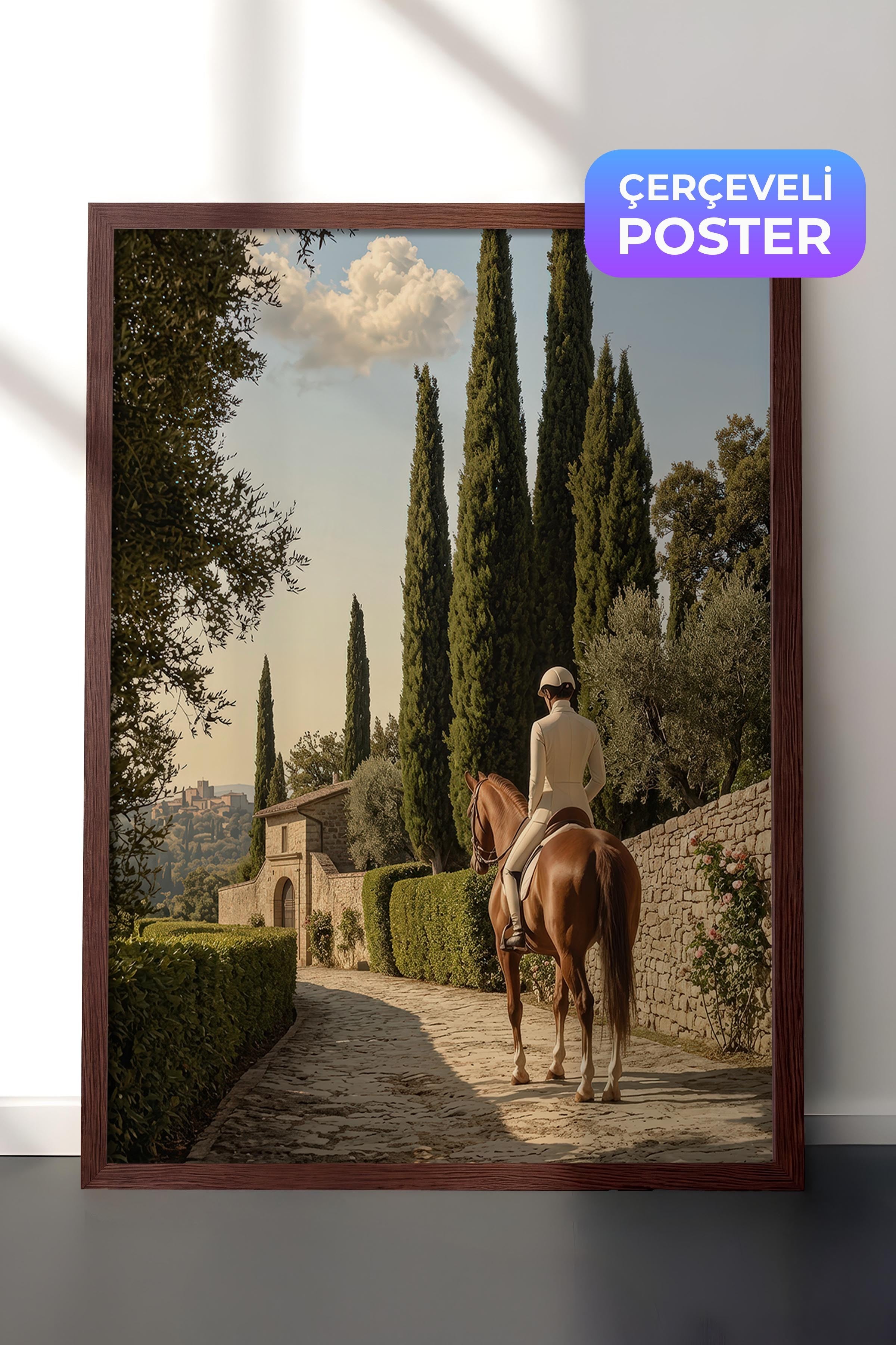 At ve Binici Posteri, Kahverengi Çerçeveli Poster, Old Money Serisi, NO:113142