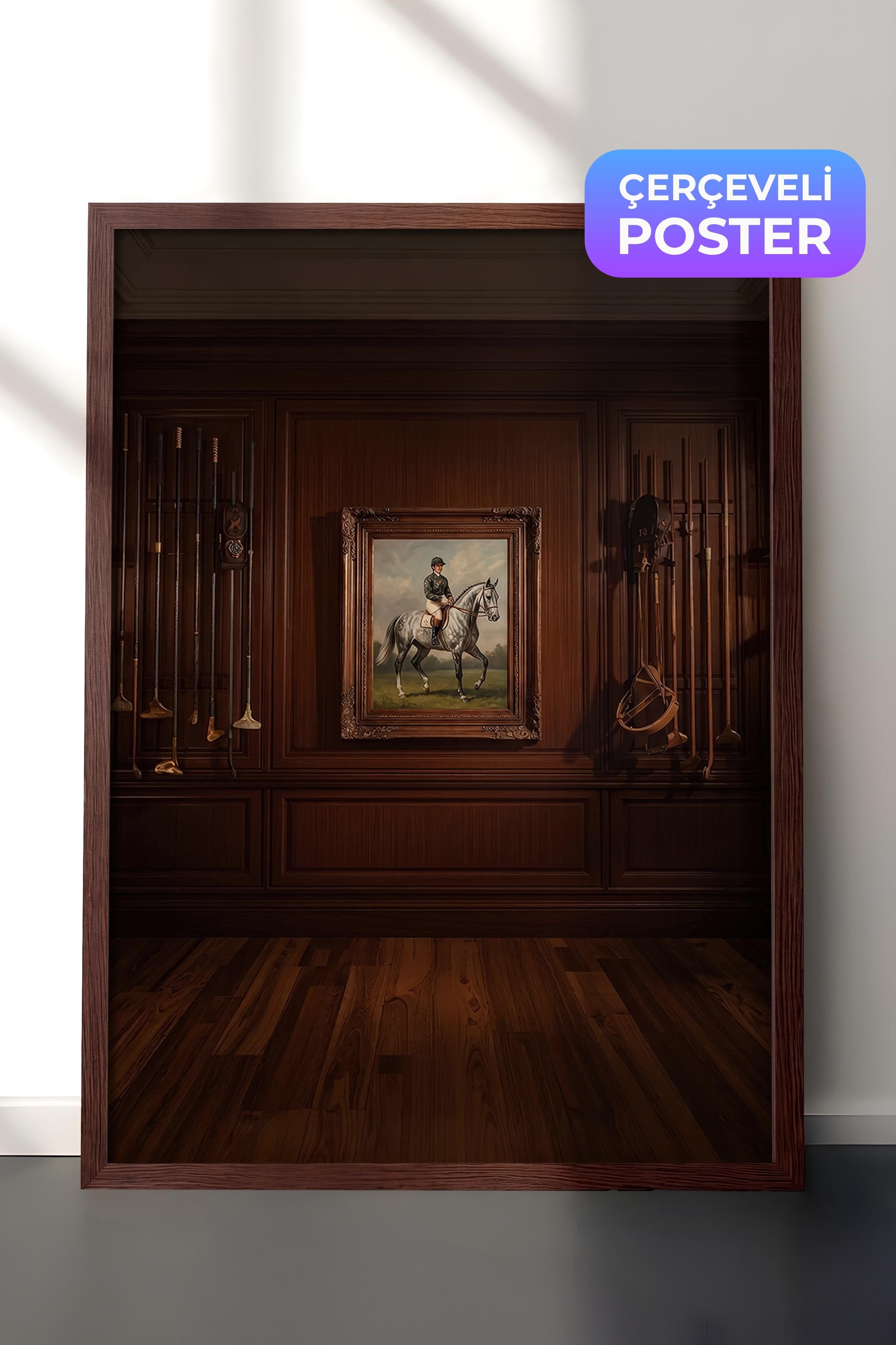 At ve Binici Posteri, Kahverengi Çerçeveli Poster, Old Money Serisi, NO:113175